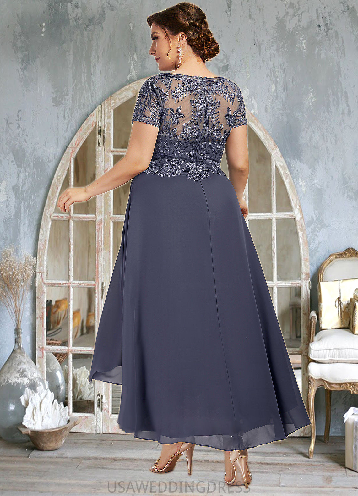 Makenna A-Line Scoop Neck Asymmetrical Chiffon Lace Mother of the Bride Dress With Sequins DS126P0014667