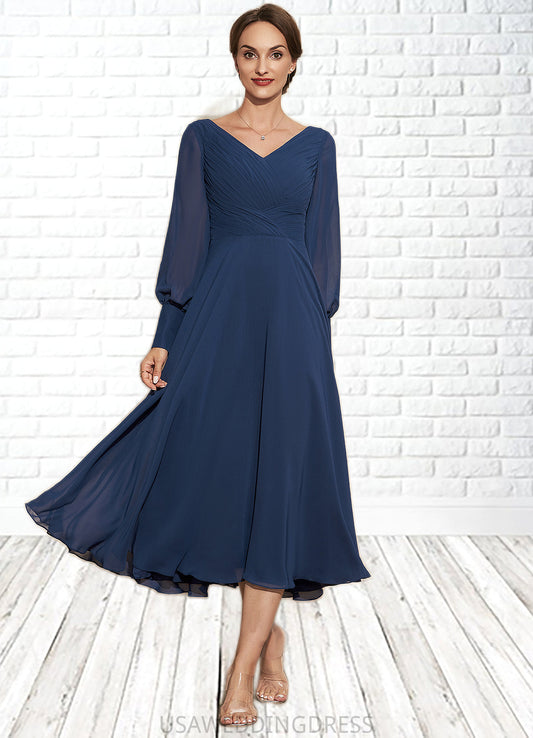 Eve A-Line V-neck Tea-Length Chiffon Mother of the Bride Dress With Ruffle DS126P0014669