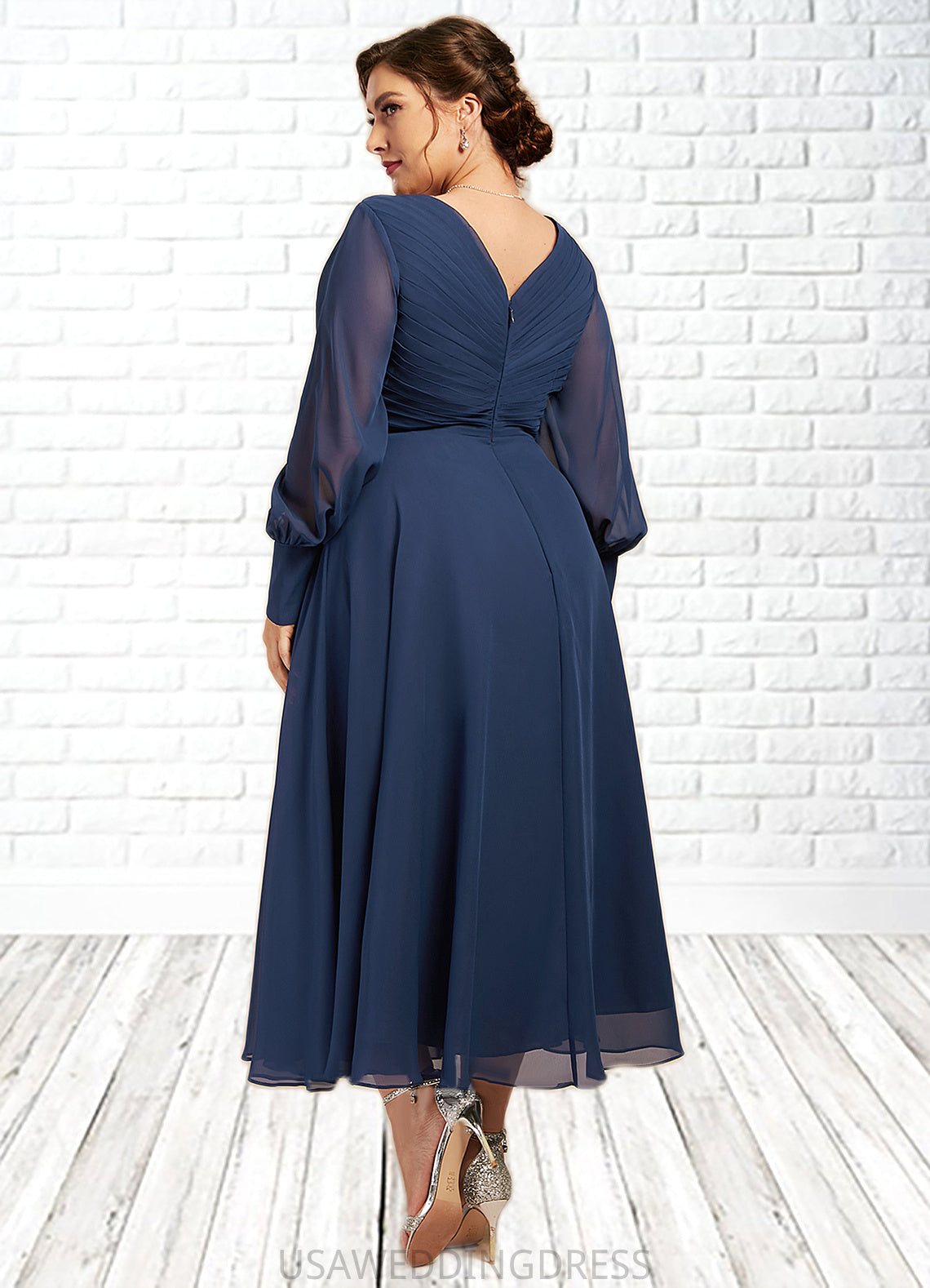 Eve A-Line V-neck Tea-Length Chiffon Mother of the Bride Dress With Ruffle DS126P0014669