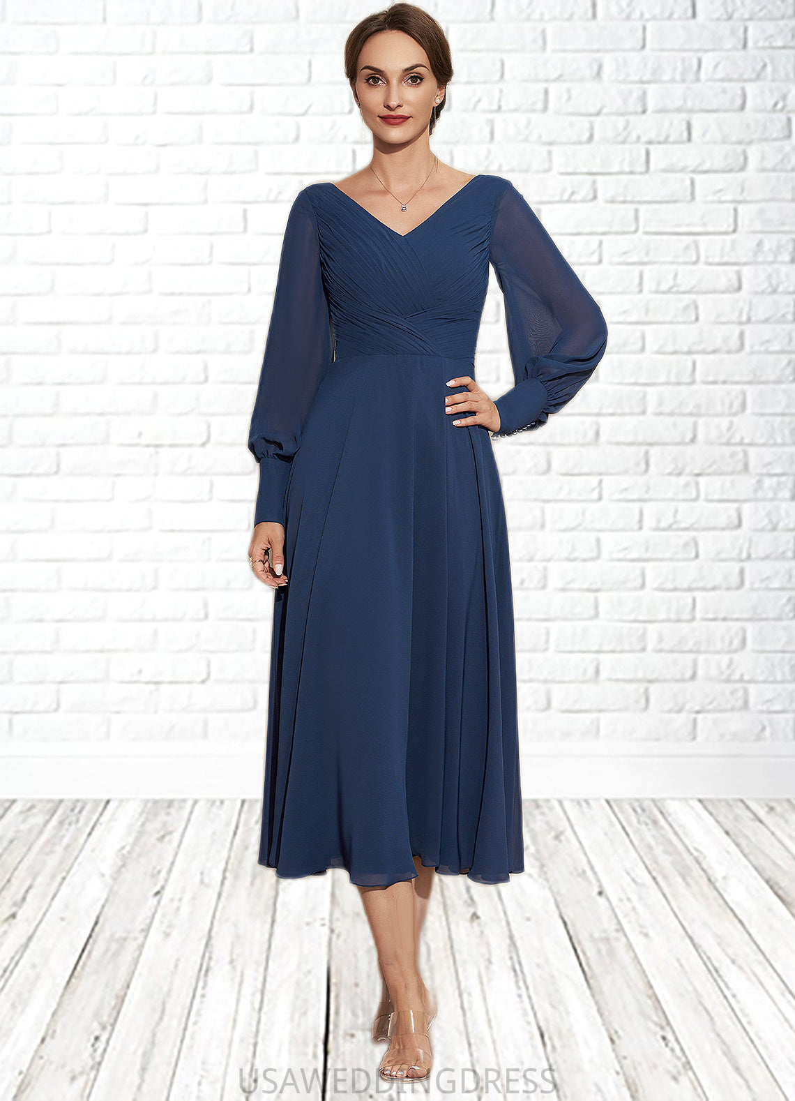 Eve A-Line V-neck Tea-Length Chiffon Mother of the Bride Dress With Ruffle DS126P0014669