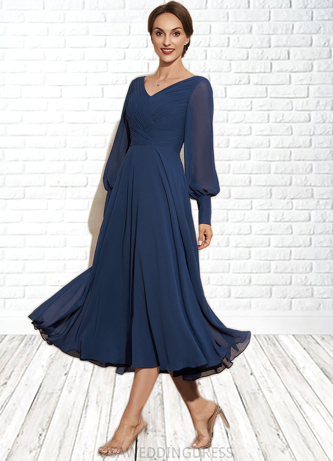 Eve A-Line V-neck Tea-Length Chiffon Mother of the Bride Dress With Ruffle DS126P0014669