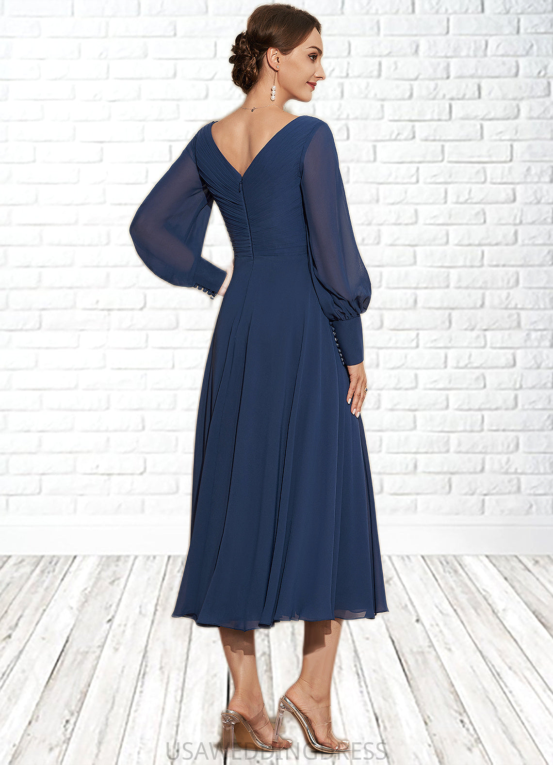 Eve A-Line V-neck Tea-Length Chiffon Mother of the Bride Dress With Ruffle DS126P0014669