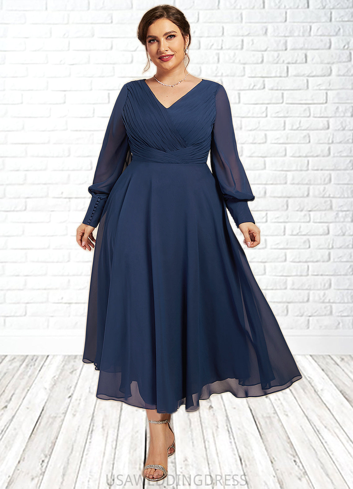 Eve A-Line V-neck Tea-Length Chiffon Mother of the Bride Dress With Ruffle DS126P0014669