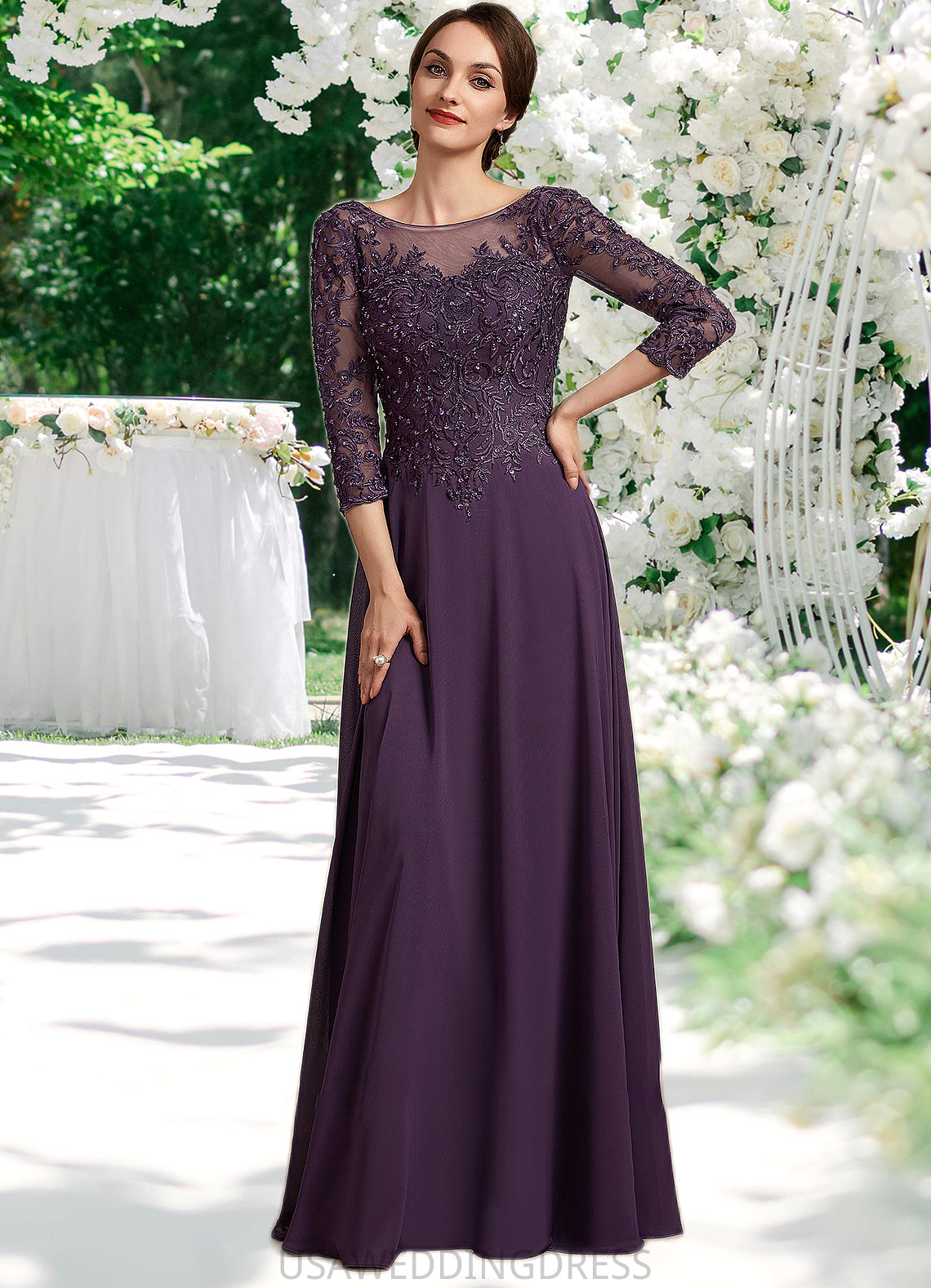 Briley A-Line Scoop Neck Floor-Length Chiffon Lace Mother of the Bride Dress With Sequins DS126P0014670