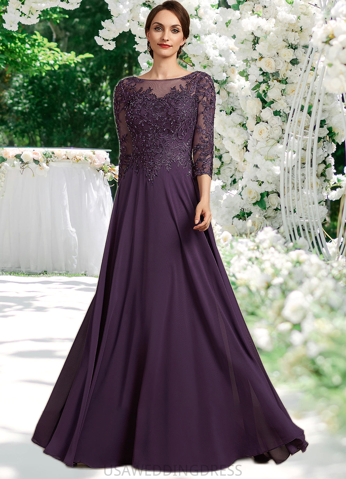 Briley A-Line Scoop Neck Floor-Length Chiffon Lace Mother of the Bride Dress With Sequins DS126P0014670