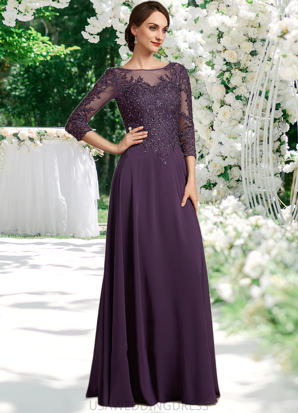 Briley A-Line Scoop Neck Floor-Length Chiffon Lace Mother of the Bride Dress With Sequins DS126P0014670