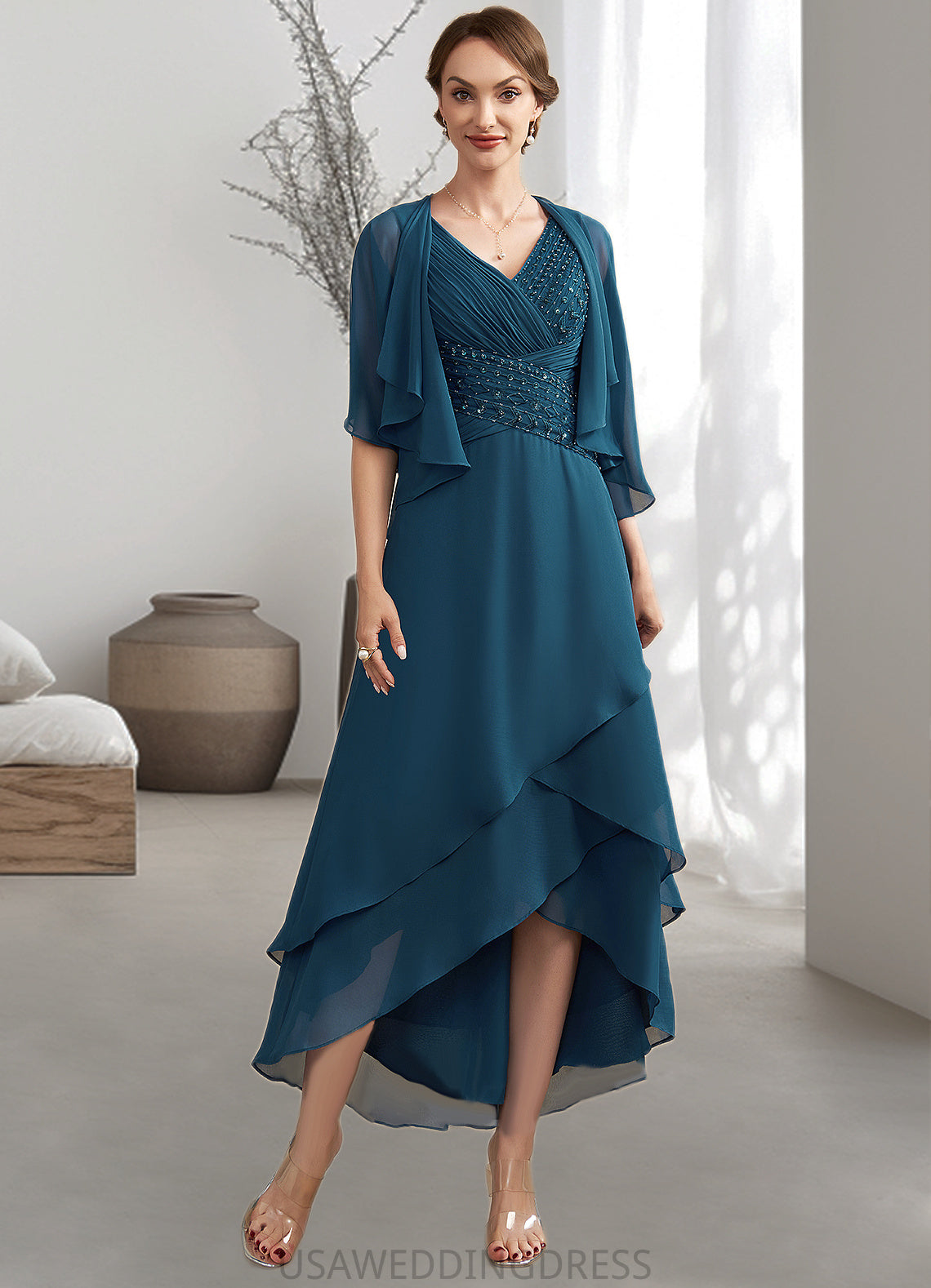 Patricia A-Line V-neck Asymmetrical Chiffon Mother of the Bride Dress With Ruffle Beading Sequins DS126P0014671