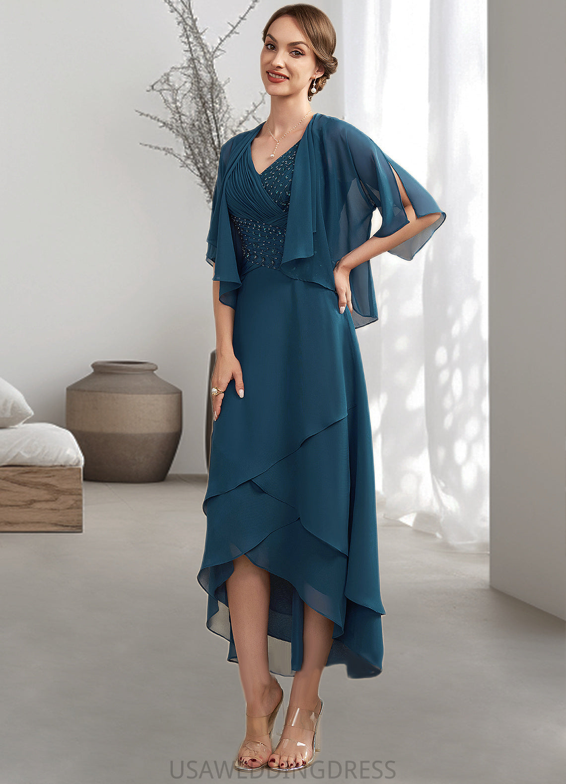 Patricia A-Line V-neck Asymmetrical Chiffon Mother of the Bride Dress With Ruffle Beading Sequins DS126P0014671