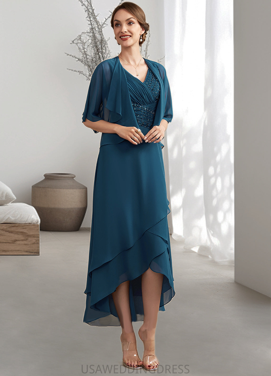 Patricia A-Line V-neck Asymmetrical Chiffon Mother of the Bride Dress With Ruffle Beading Sequins DS126P0014671