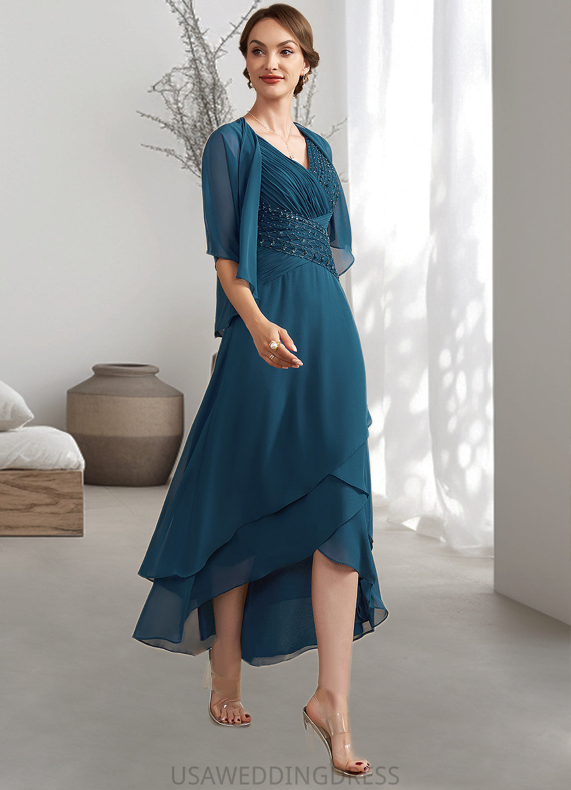 Patricia A-Line V-neck Asymmetrical Chiffon Mother of the Bride Dress With Ruffle Beading Sequins DS126P0014671