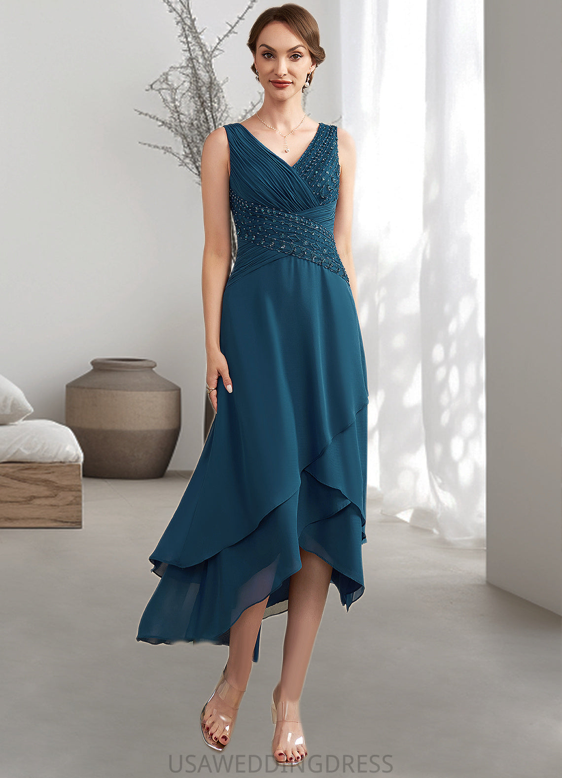 Patricia A-Line V-neck Asymmetrical Chiffon Mother of the Bride Dress With Ruffle Beading Sequins DS126P0014671