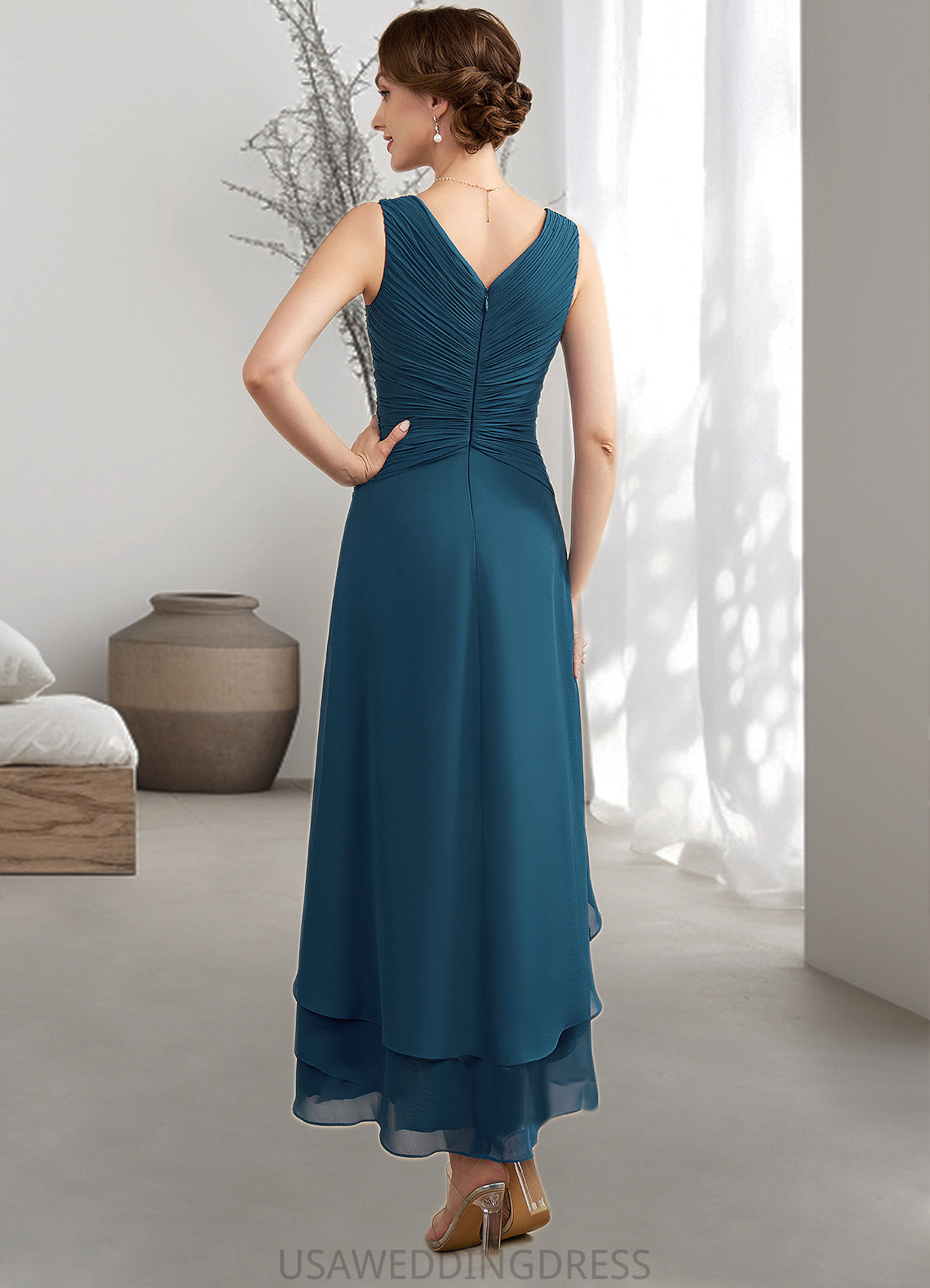 Patricia A-Line V-neck Asymmetrical Chiffon Mother of the Bride Dress With Ruffle Beading Sequins DS126P0014671