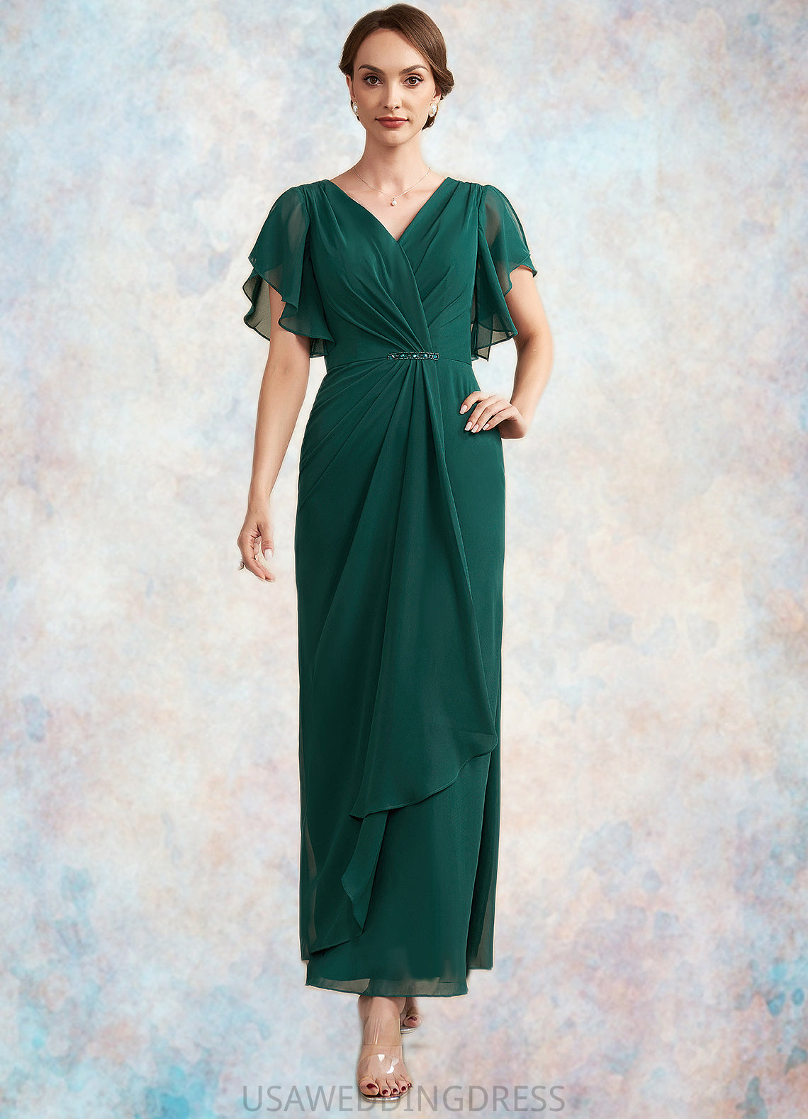 Abby A-Line V-neck Ankle-Length Chiffon Mother of the Bride Dress With Ruffle Beading Sequins DS126P0014672