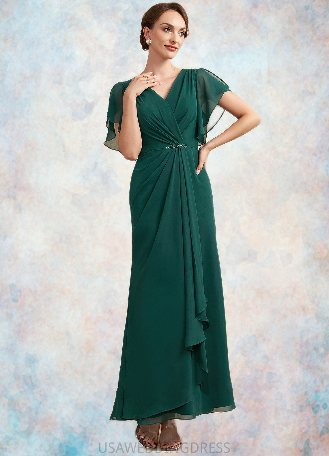 Abby A-Line V-neck Ankle-Length Chiffon Mother of the Bride Dress With Ruffle Beading Sequins DS126P0014672