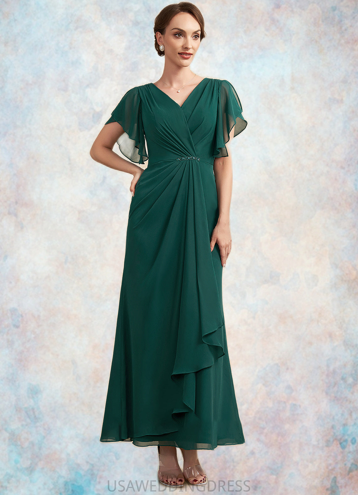 Abby A-Line V-neck Ankle-Length Chiffon Mother of the Bride Dress With Ruffle Beading Sequins DS126P0014672