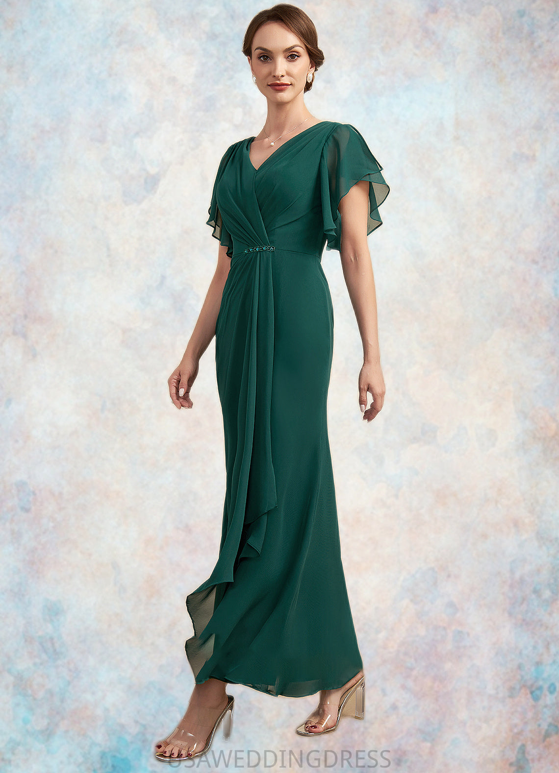 Abby A-Line V-neck Ankle-Length Chiffon Mother of the Bride Dress With Ruffle Beading Sequins DS126P0014672