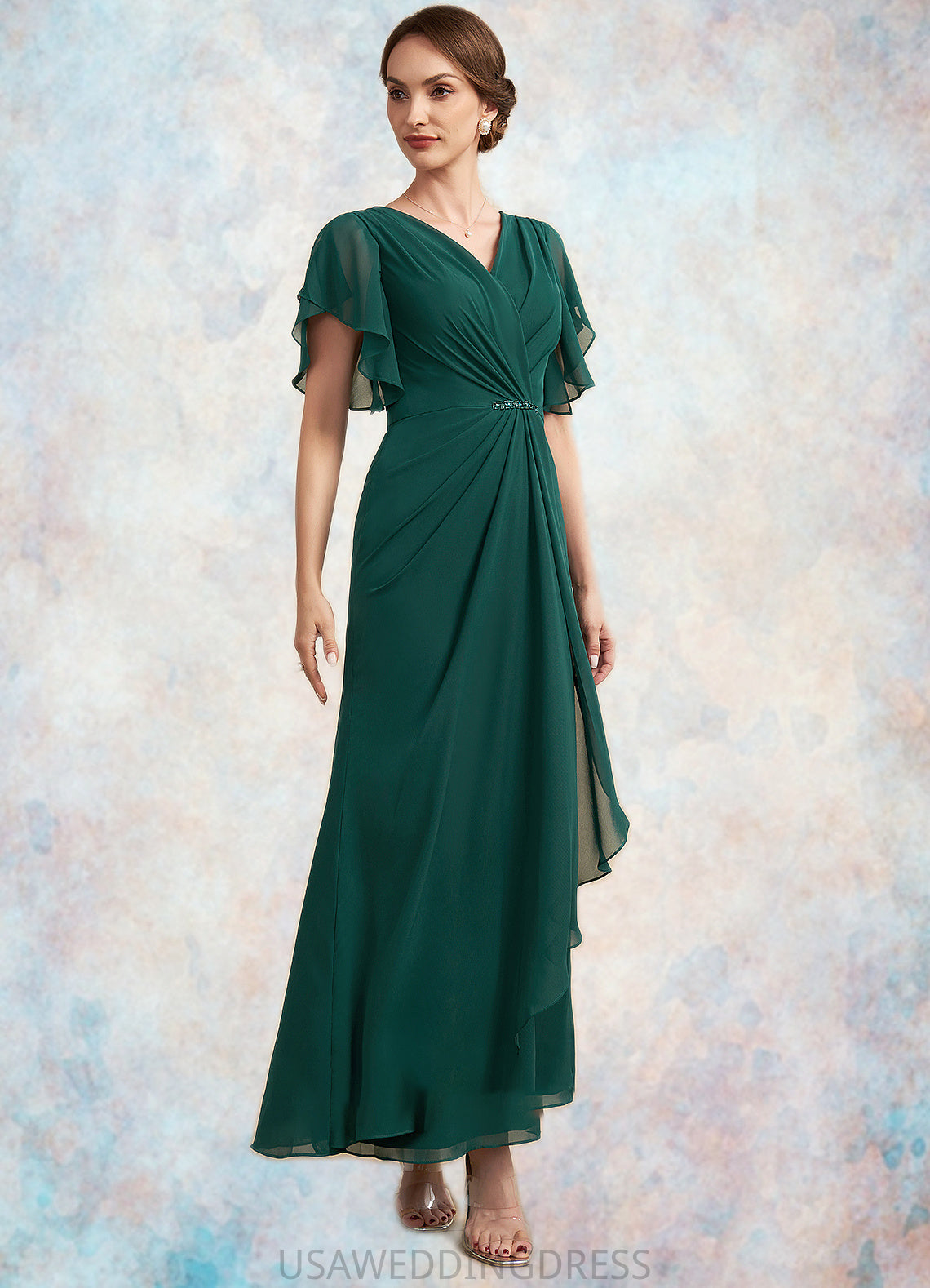 Abby A-Line V-neck Ankle-Length Chiffon Mother of the Bride Dress With Ruffle Beading Sequins DS126P0014672