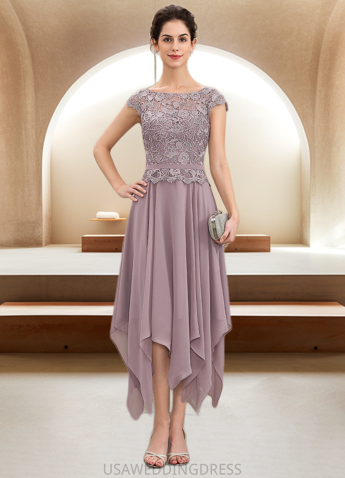 Lily A-Line Scoop Neck Ankle-Length Chiffon Lace Mother of the Bride Dress With Cascading Ruffles DS126P0014673