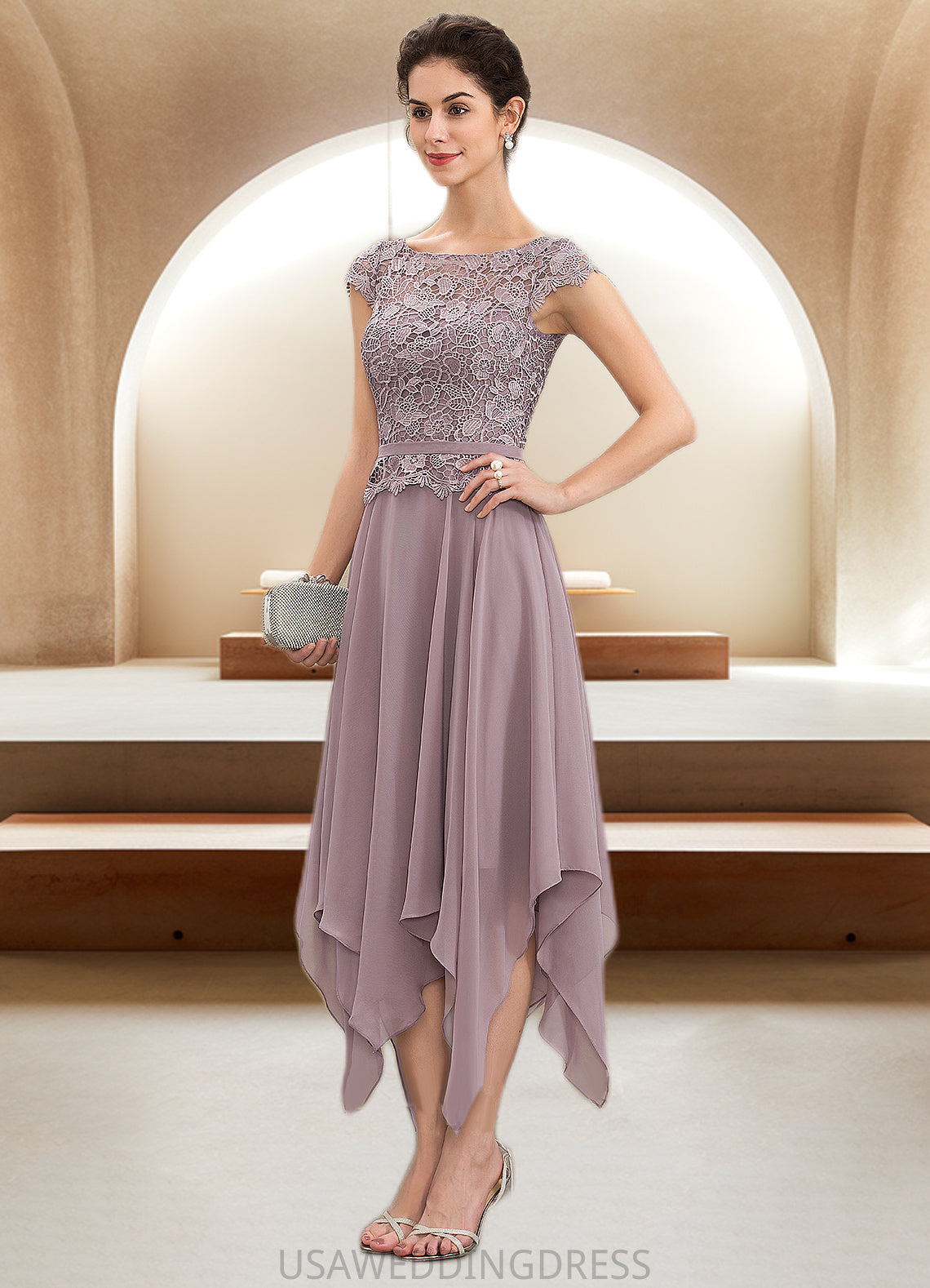 Lily A-Line Scoop Neck Ankle-Length Chiffon Lace Mother of the Bride Dress With Cascading Ruffles DS126P0014673