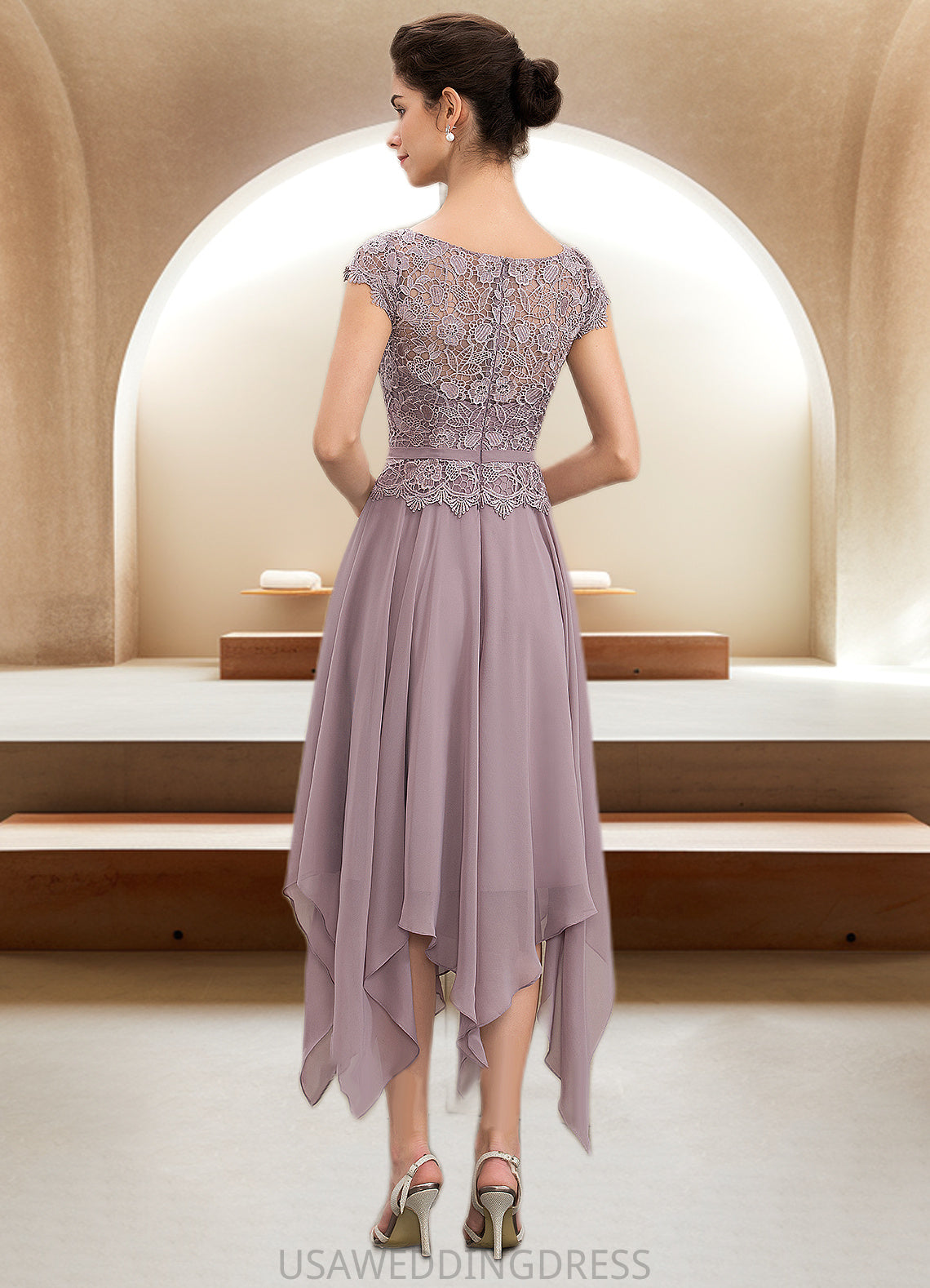 Lily A-Line Scoop Neck Ankle-Length Chiffon Lace Mother of the Bride Dress With Cascading Ruffles DS126P0014673