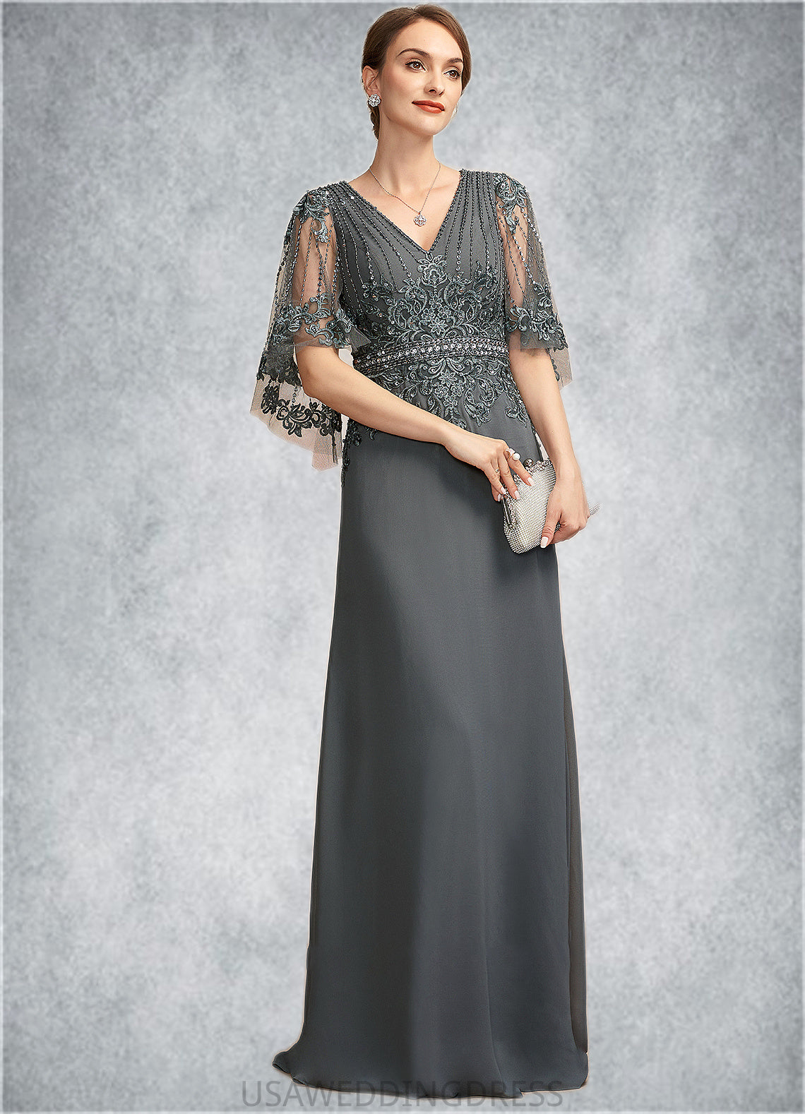 Araceli A-Line V-neck Floor-Length Chiffon Lace Mother of the Bride Dress With Beading Sequins DS126P0014674