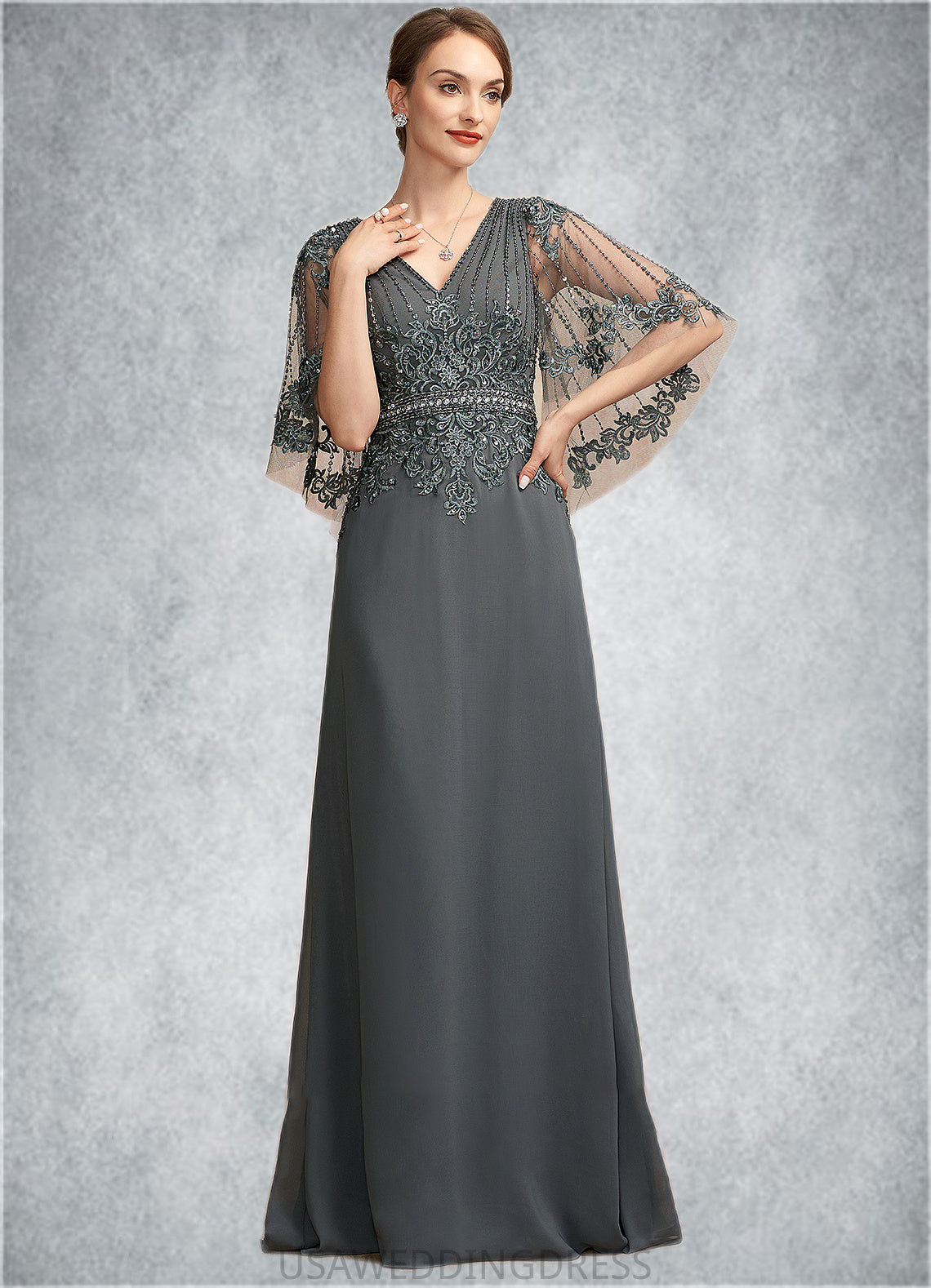 Araceli A-Line V-neck Floor-Length Chiffon Lace Mother of the Bride Dress With Beading Sequins DS126P0014674