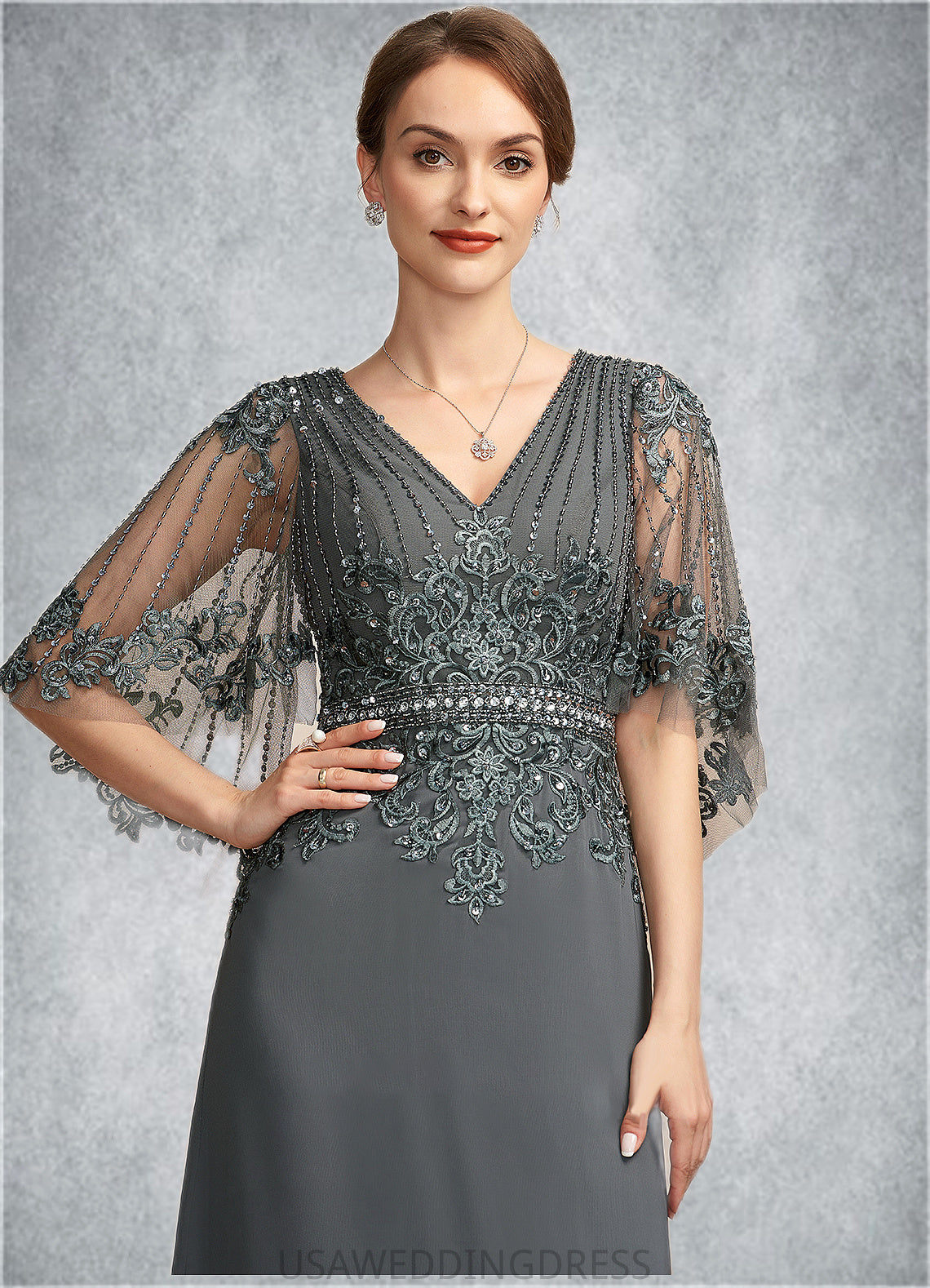 Araceli A-Line V-neck Floor-Length Chiffon Lace Mother of the Bride Dress With Beading Sequins DS126P0014674