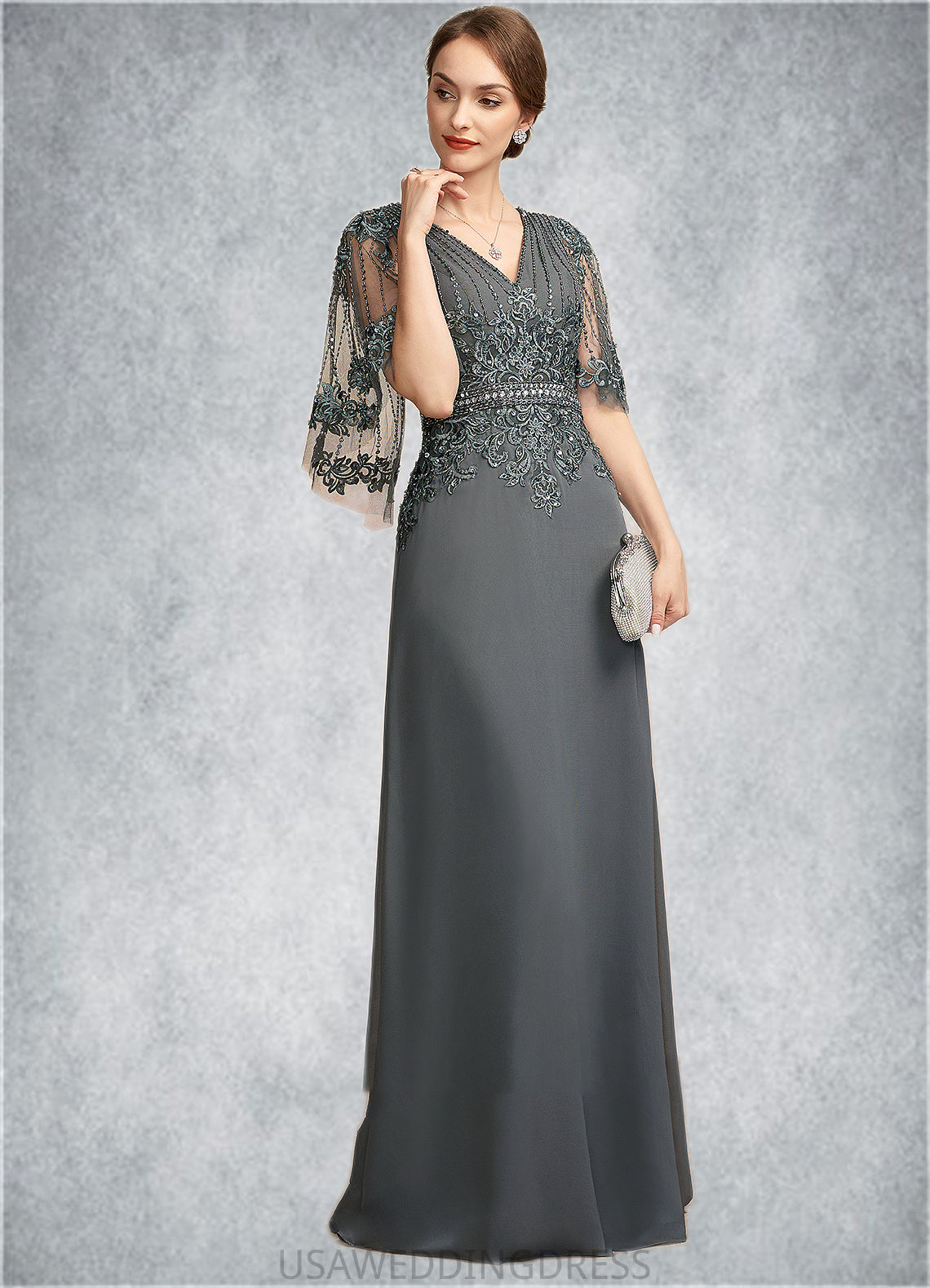 Araceli A-Line V-neck Floor-Length Chiffon Lace Mother of the Bride Dress With Beading Sequins DS126P0014674