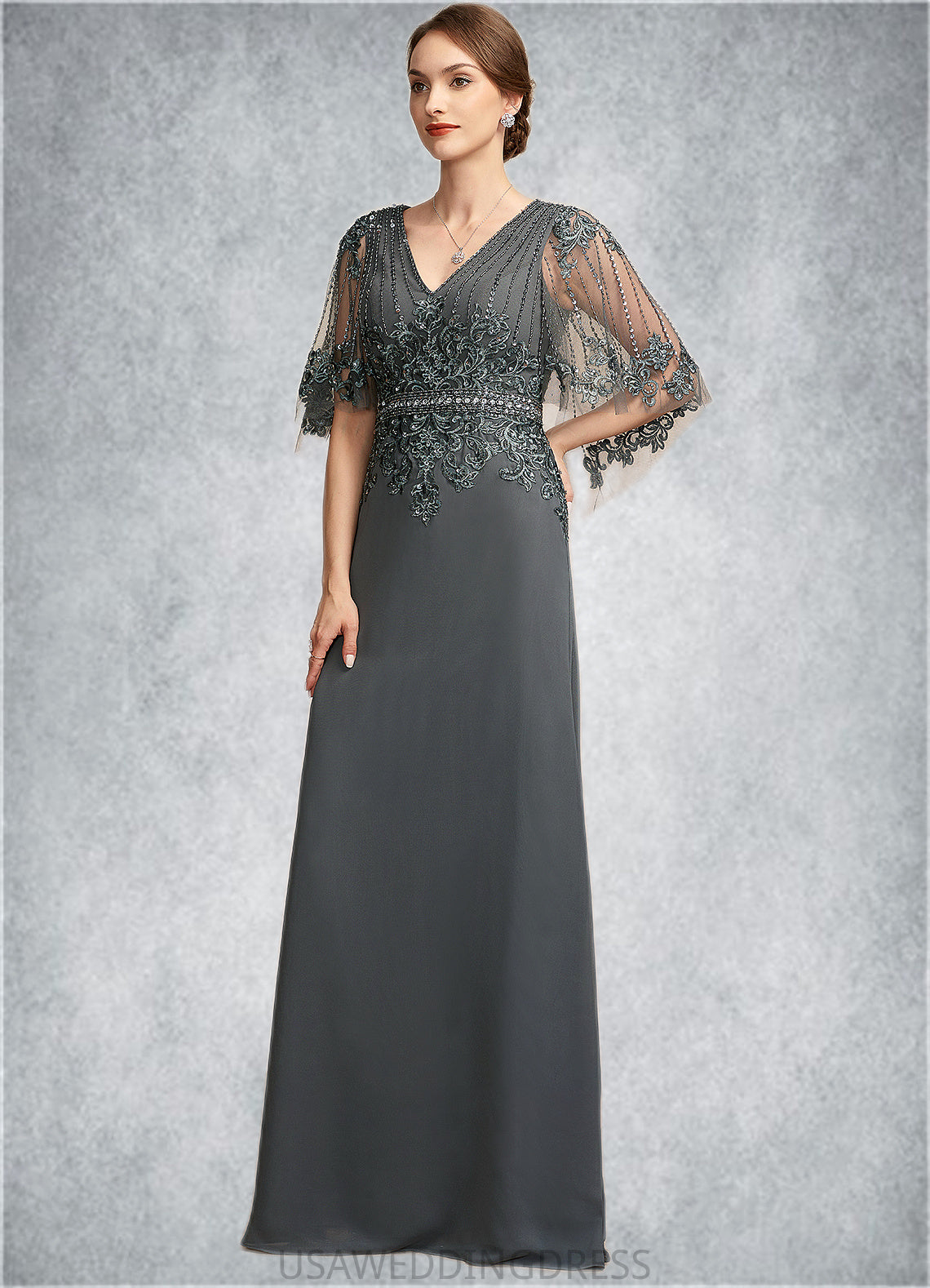 Araceli A-Line V-neck Floor-Length Chiffon Lace Mother of the Bride Dress With Beading Sequins DS126P0014674