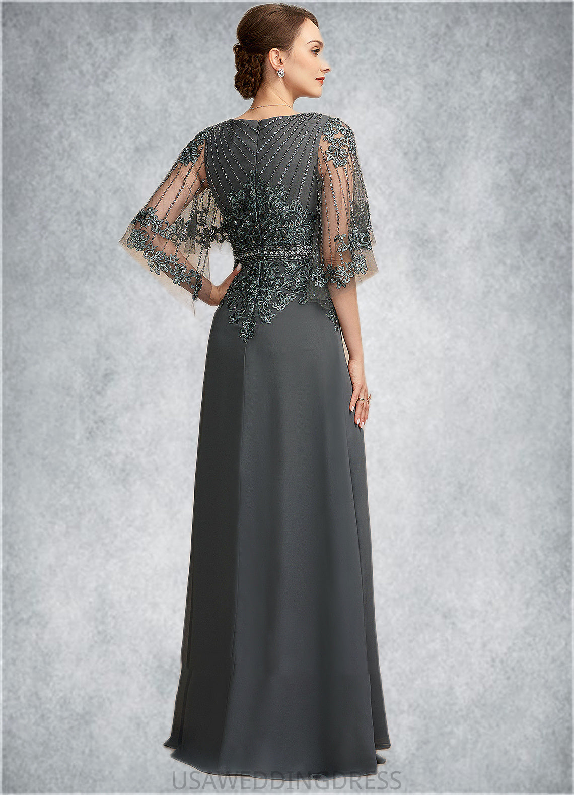 Araceli A-Line V-neck Floor-Length Chiffon Lace Mother of the Bride Dress With Beading Sequins DS126P0014674