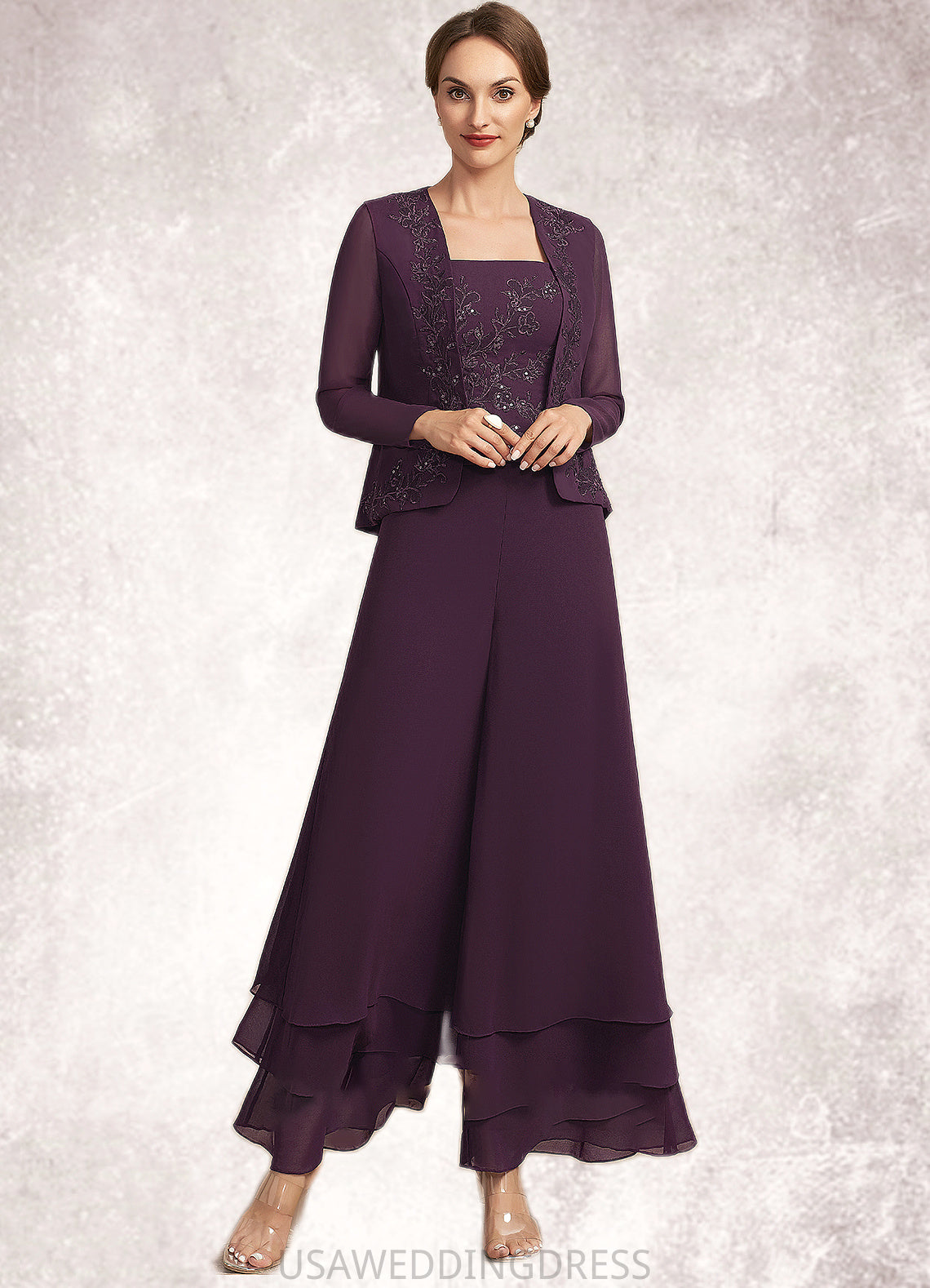 Dylan Jumpsuit/Pantsuit Square Neckline Ankle-Length Chiffon Lace Mother of the Bride Dress With Sequins DS126P0014676