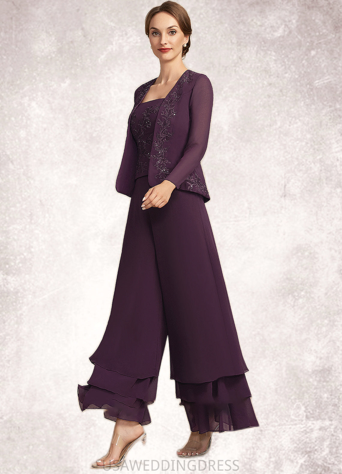 Dylan Jumpsuit/Pantsuit Square Neckline Ankle-Length Chiffon Lace Mother of the Bride Dress With Sequins DS126P0014676