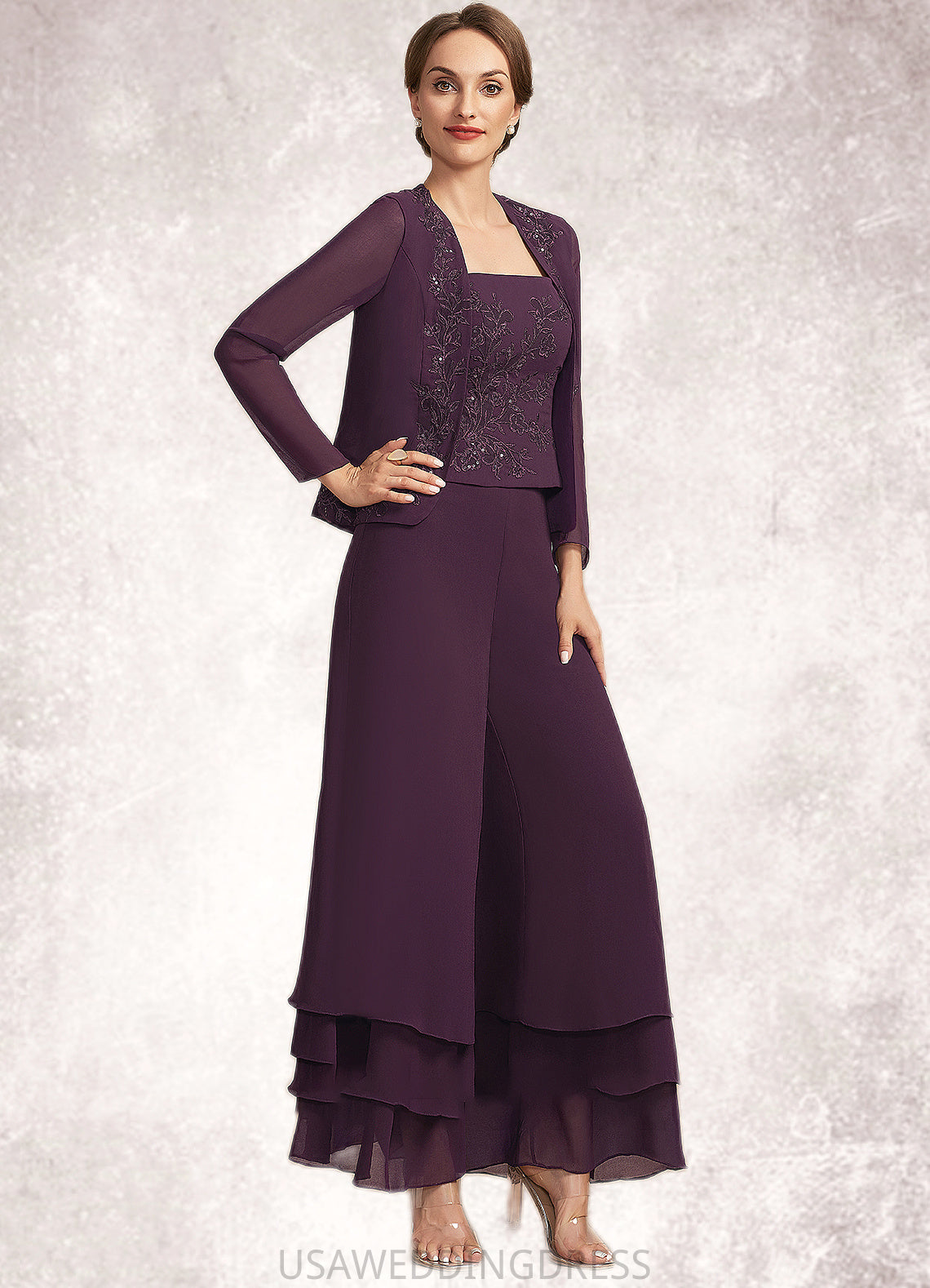 Dylan Jumpsuit/Pantsuit Square Neckline Ankle-Length Chiffon Lace Mother of the Bride Dress With Sequins DS126P0014676