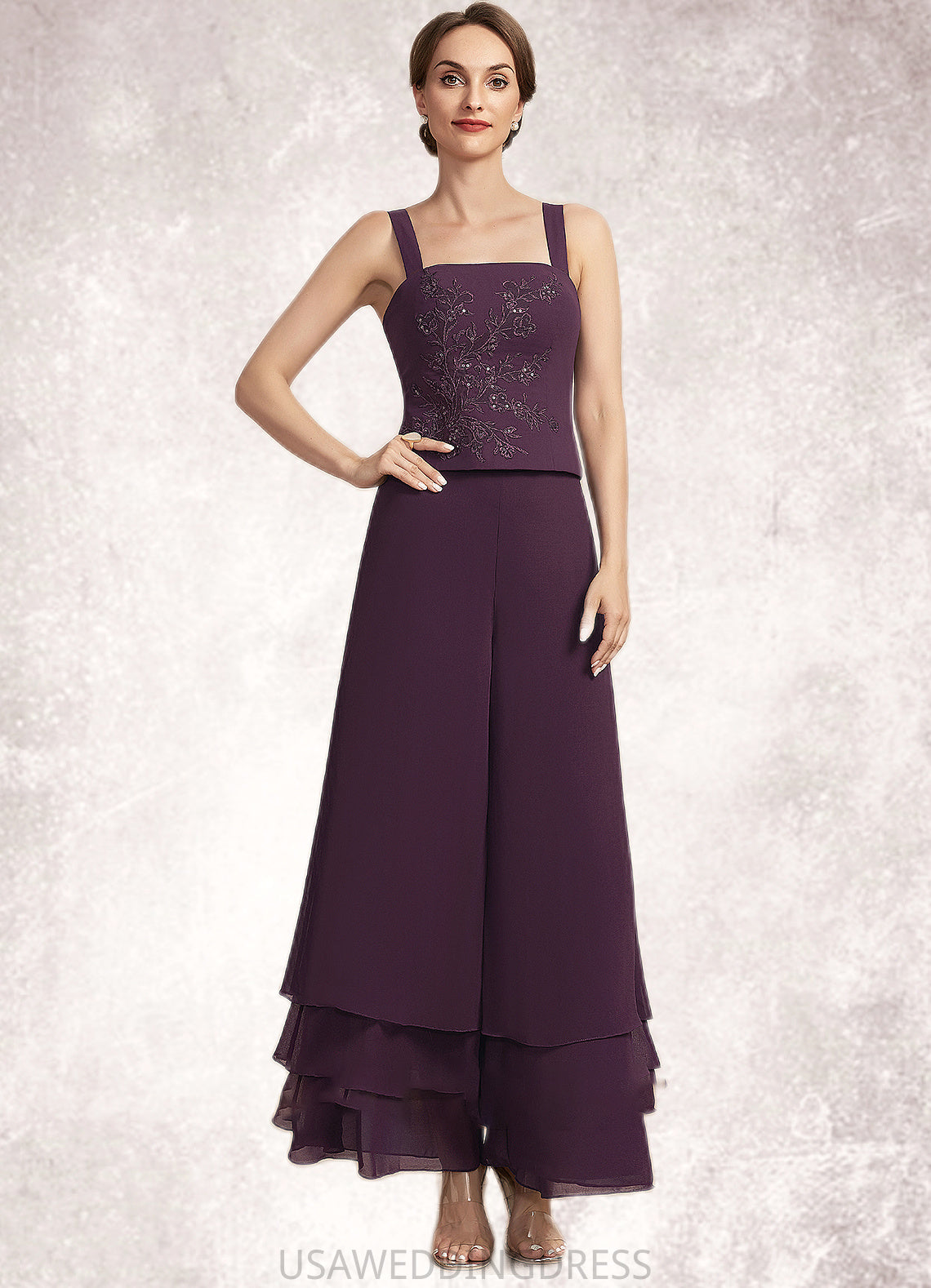 Dylan Jumpsuit/Pantsuit Square Neckline Ankle-Length Chiffon Lace Mother of the Bride Dress With Sequins DS126P0014676