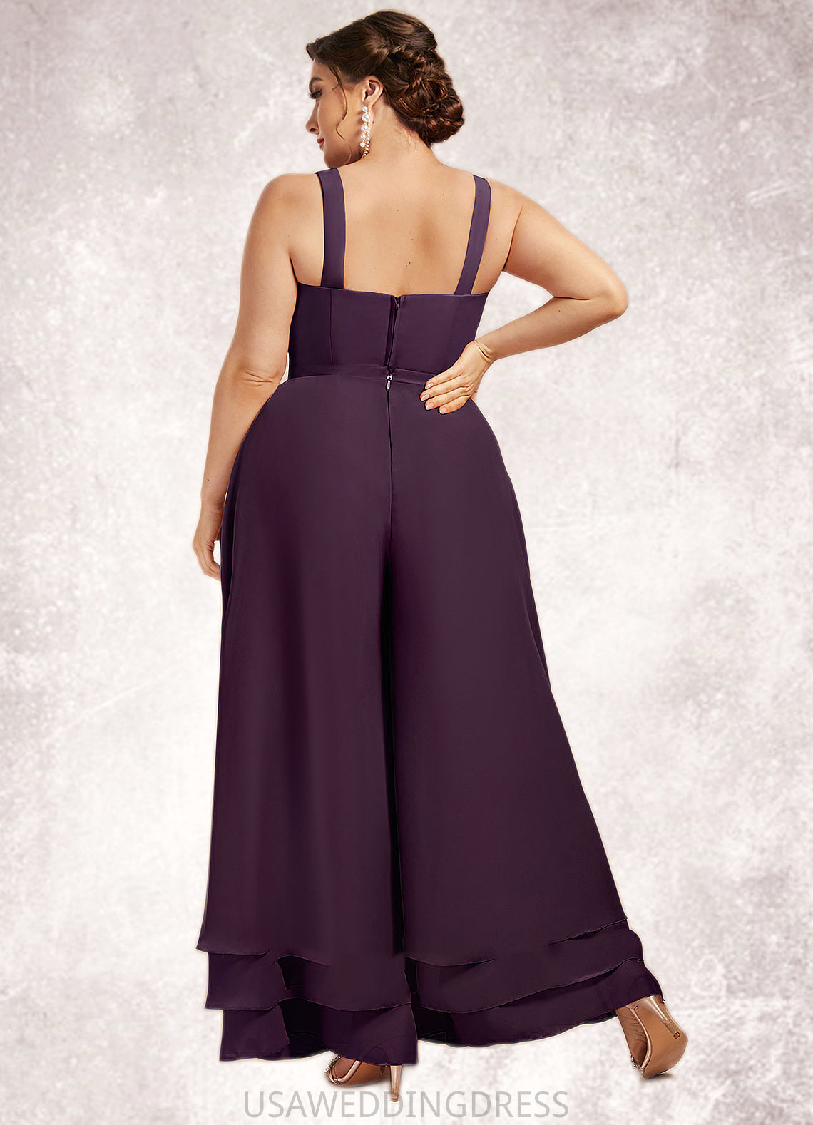 Dylan Jumpsuit/Pantsuit Square Neckline Ankle-Length Chiffon Lace Mother of the Bride Dress With Sequins DS126P0014676