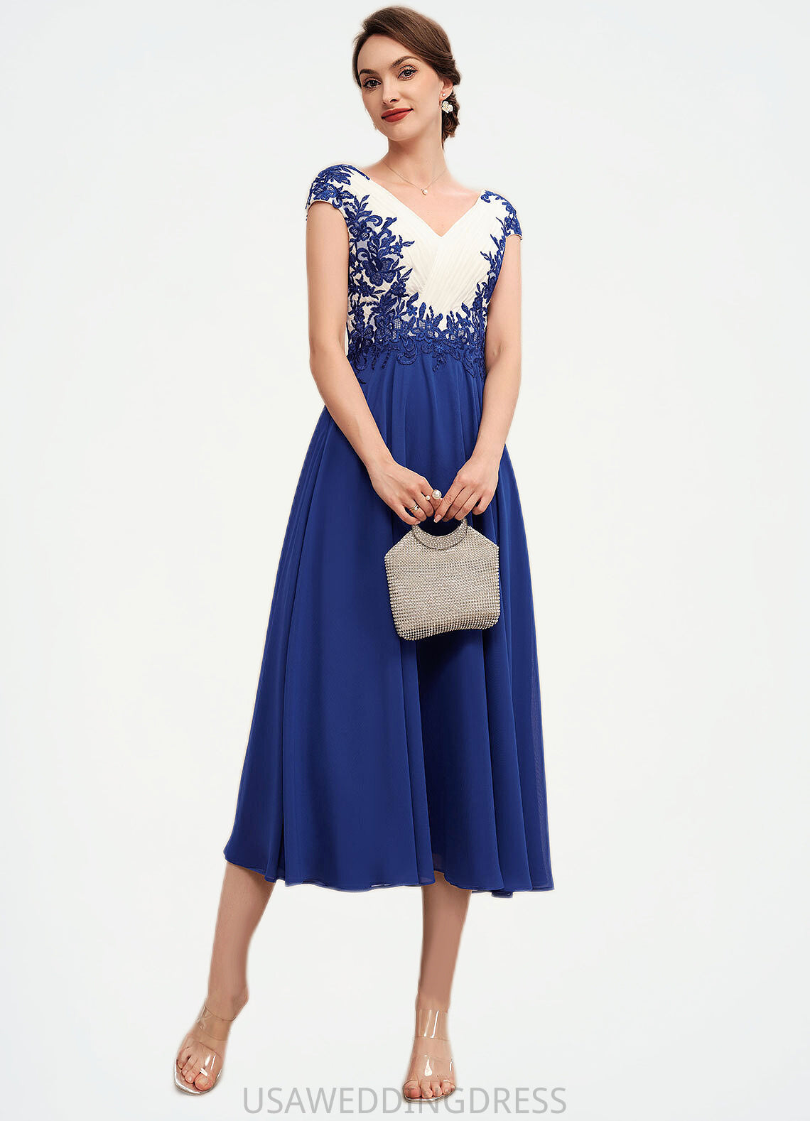 Penelope A-Line V-neck Tea-Length Chiffon Mother of the Bride Dress With Ruffle Lace DS126P0014677