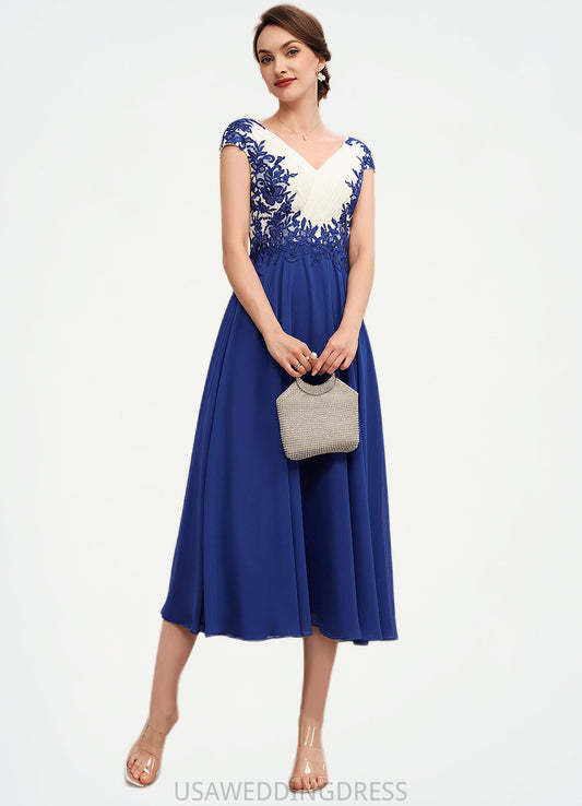 Penelope A-Line V-neck Tea-Length Chiffon Mother of the Bride Dress With Ruffle Lace DS126P0014677