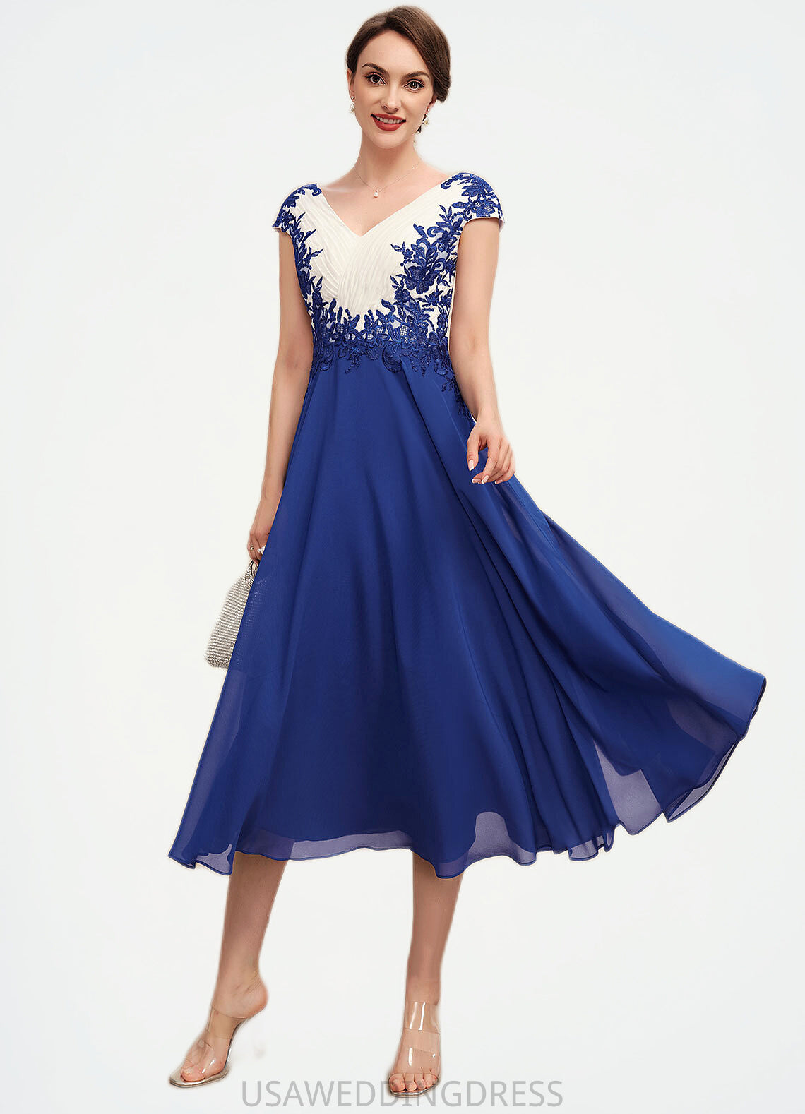 Penelope A-Line V-neck Tea-Length Chiffon Mother of the Bride Dress With Ruffle Lace DS126P0014677