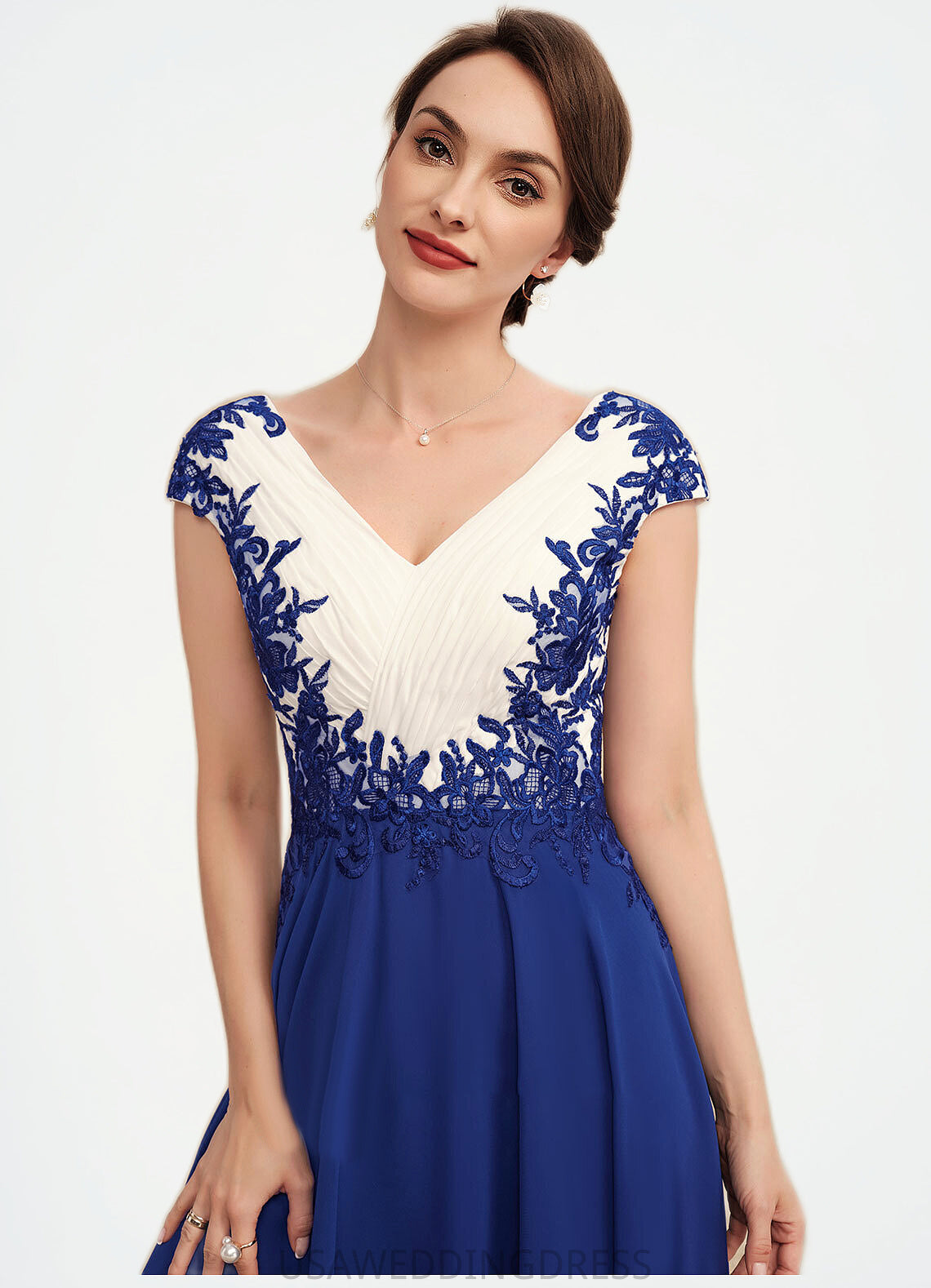 Penelope A-Line V-neck Tea-Length Chiffon Mother of the Bride Dress With Ruffle Lace DS126P0014677