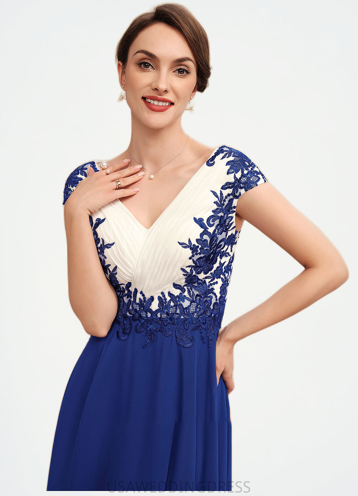 Penelope A-Line V-neck Tea-Length Chiffon Mother of the Bride Dress With Ruffle Lace DS126P0014677