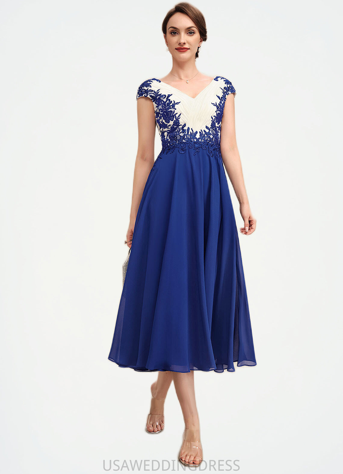 Penelope A-Line V-neck Tea-Length Chiffon Mother of the Bride Dress With Ruffle Lace DS126P0014677