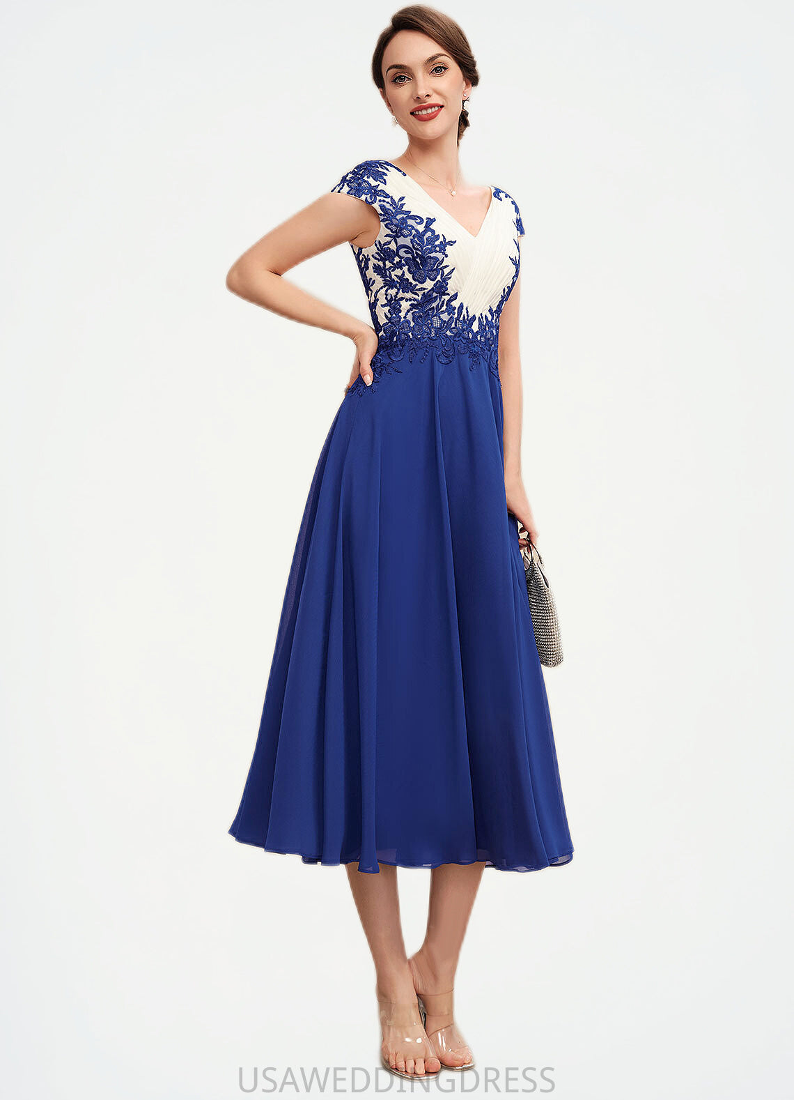 Penelope A-Line V-neck Tea-Length Chiffon Mother of the Bride Dress With Ruffle Lace DS126P0014677