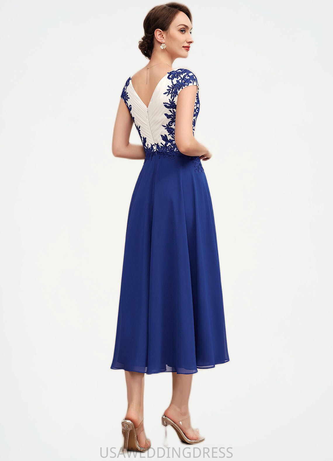 Penelope A-Line V-neck Tea-Length Chiffon Mother of the Bride Dress With Ruffle Lace DS126P0014677