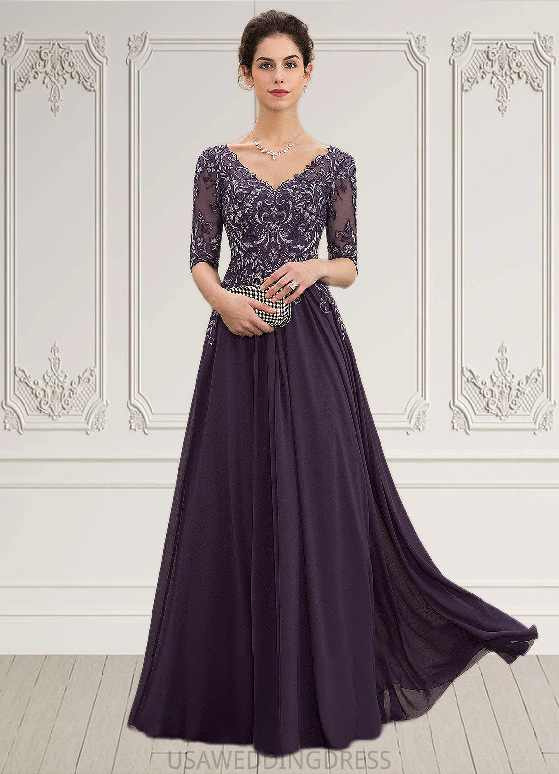 Winifred A-Line V-neck Floor-Length Chiffon Lace Mother of the Bride Dress DS126P0014678