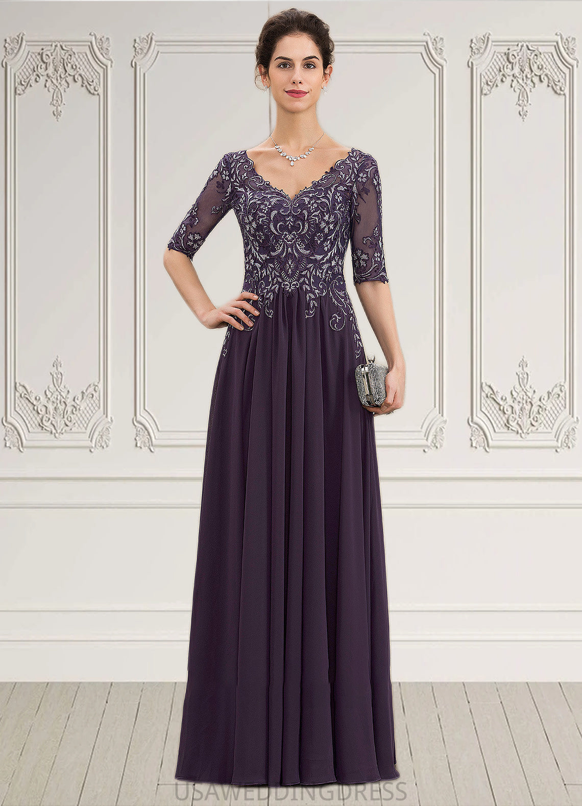 Winifred A-Line V-neck Floor-Length Chiffon Lace Mother of the Bride Dress DS126P0014678