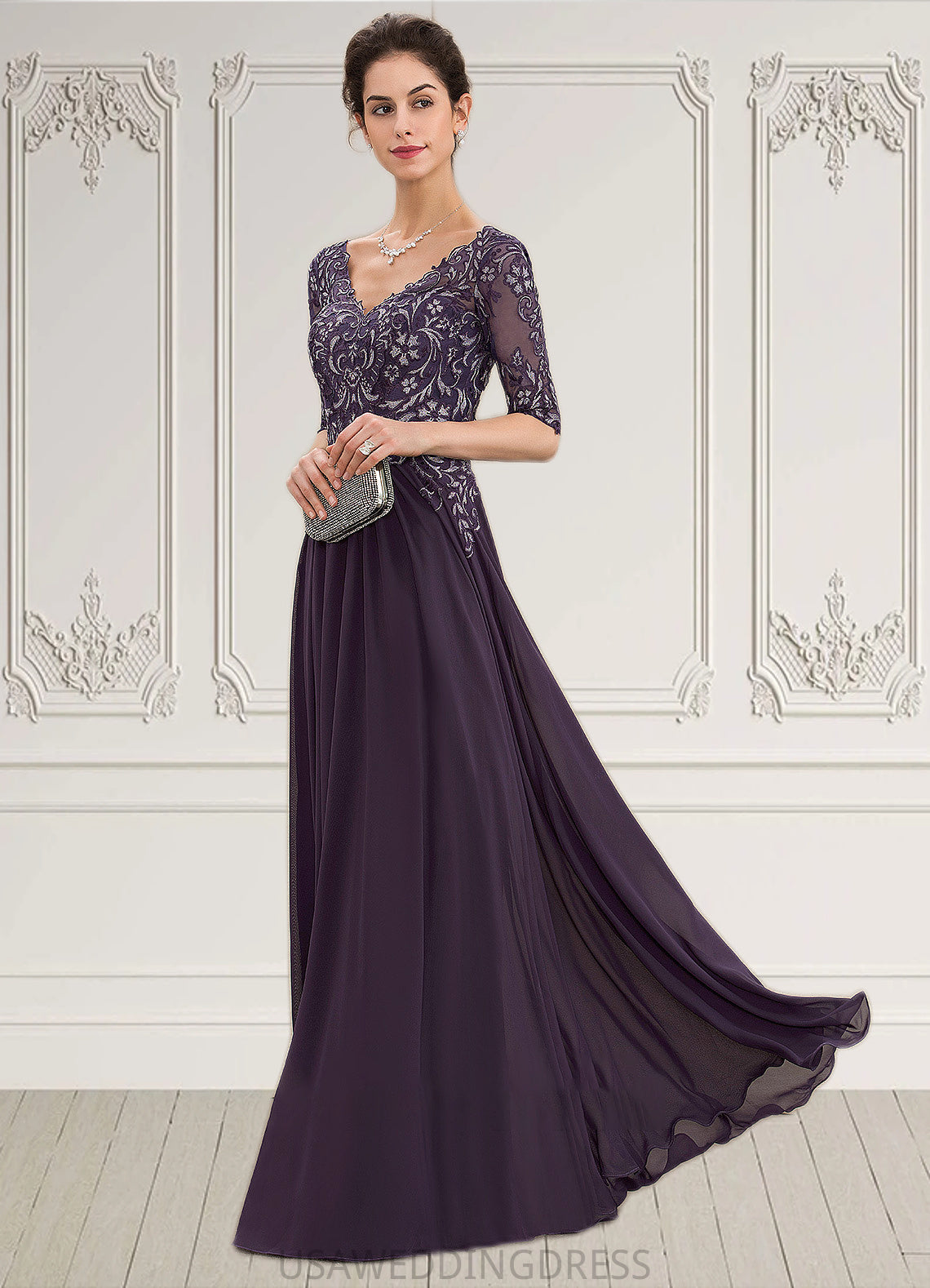 Winifred A-Line V-neck Floor-Length Chiffon Lace Mother of the Bride Dress DS126P0014678