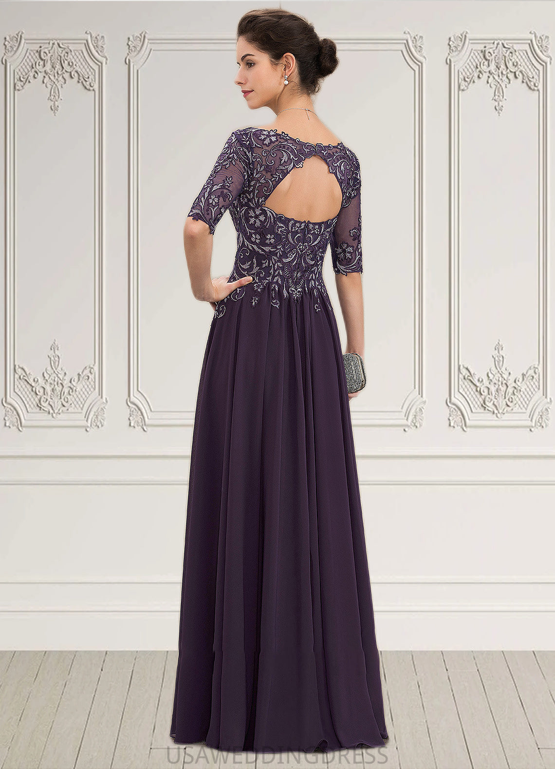 Winifred A-Line V-neck Floor-Length Chiffon Lace Mother of the Bride Dress DS126P0014678