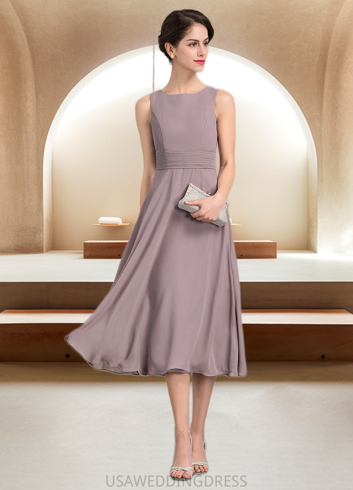 Miracle A-Line Scoop Neck Tea-Length Chiffon Mother of the Bride Dress With Ruffle DS126P0014679