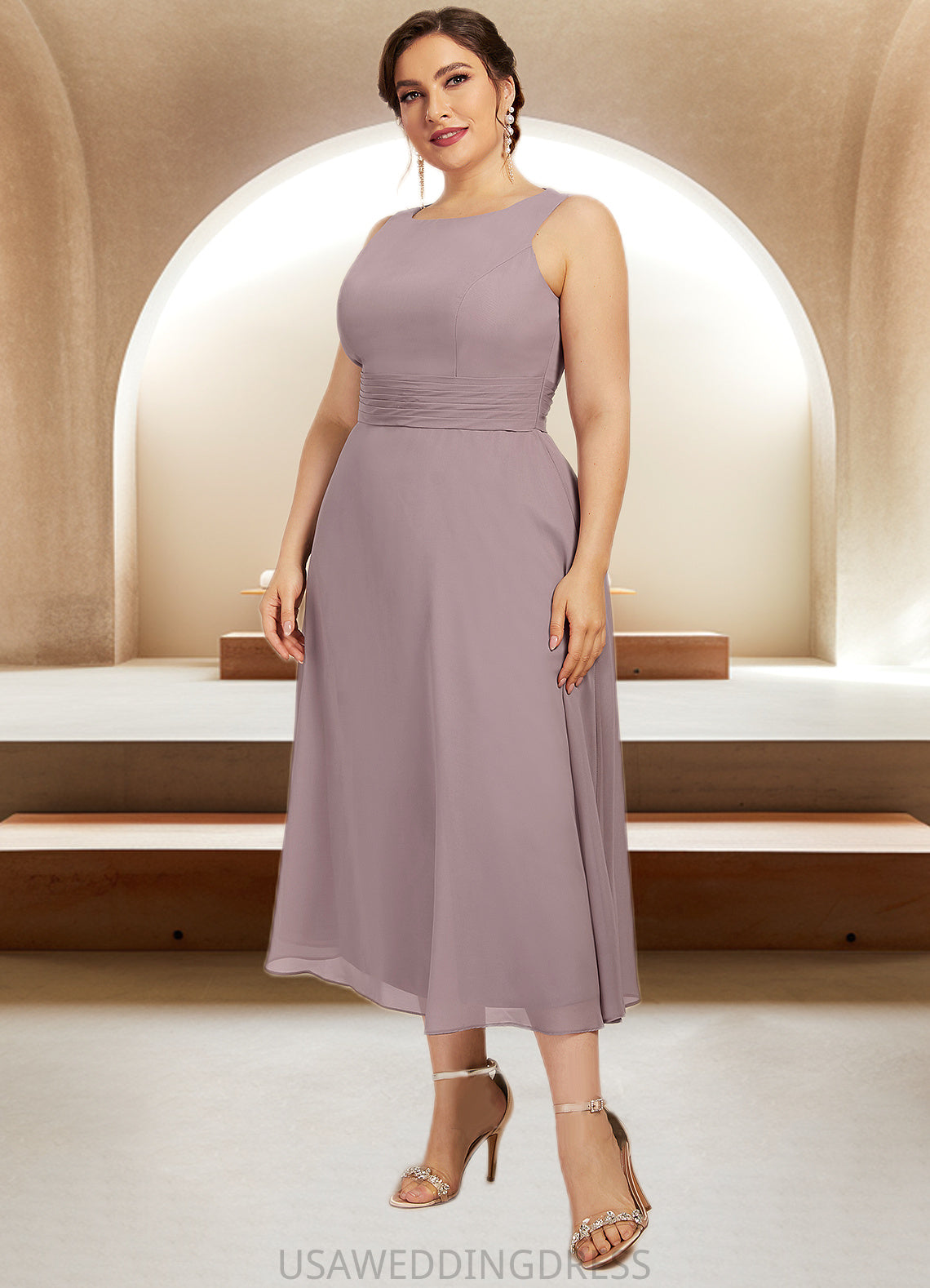 Miracle A-Line Scoop Neck Tea-Length Chiffon Mother of the Bride Dress With Ruffle DS126P0014679