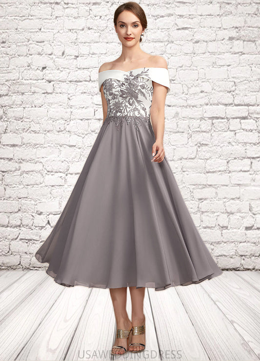 Margaret A-Line Off-the-Shoulder Tea-Length Chiffon Lace Mother of the Bride Dress DS126P0014680